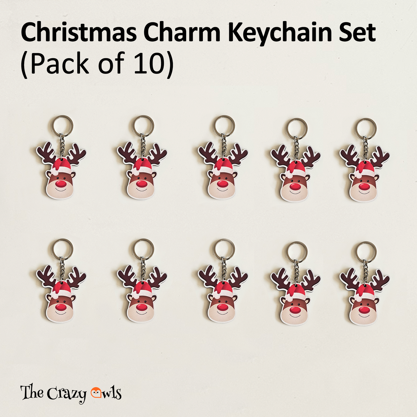 Cute Santa Reindeer MDF Christmas Keychains for Gift, Party Favors, Xmas Decoration, Backpack & Key Ring | Set of 10