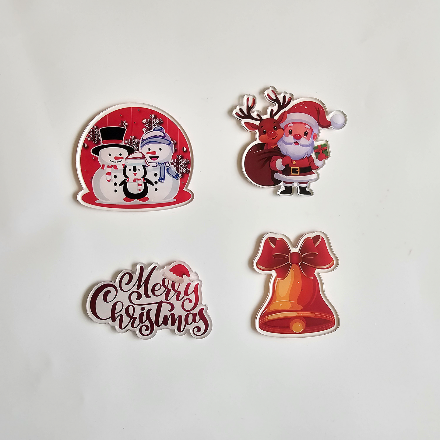 Christmas Acrylic Fridge Magnet Cute Santa Claus, Snowman, Reindeer, Bell & Merry Christmas | Fridge Decor, Gift, Kitchen | 4x3 Inch Set of 4