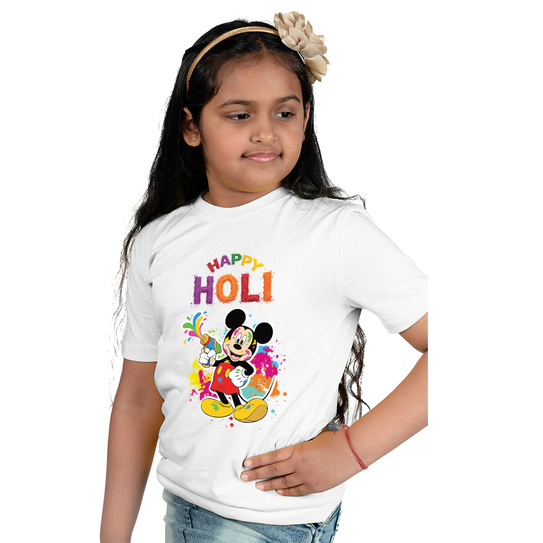 Happy Holi Color Splash Cartoon Print | Kids Festival Wear T-Shirt | Soft Polyester Holi Outfit for Boys & Girls