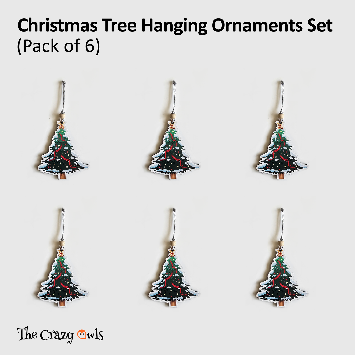 Christmas Tree MDF Hanging Ornaments Festive Decor | Lightweight Winter Snow Christmas Decorations for Home, Gifts & Craft Projects | 4x3 Inch Set of 6