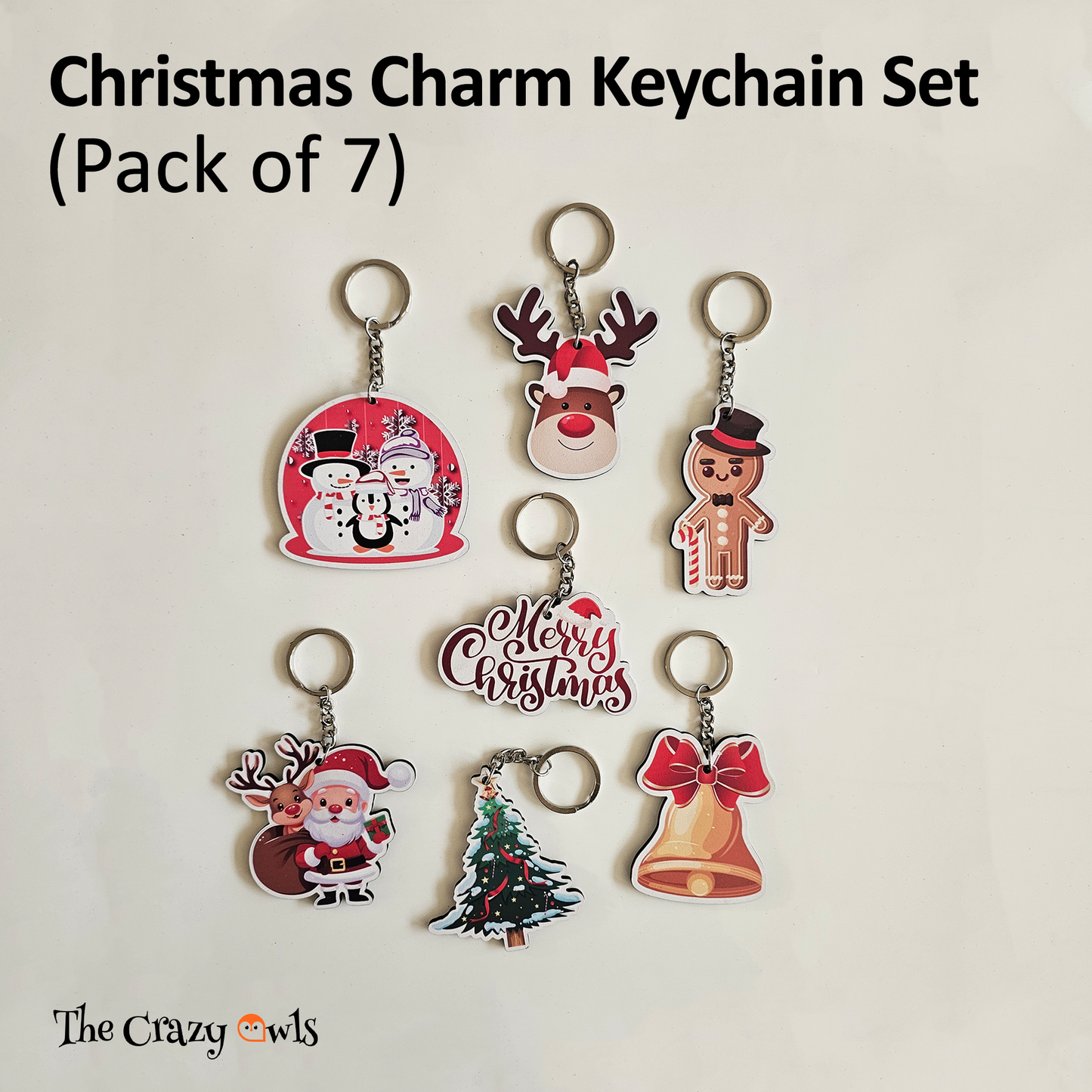 Snowman, Reindeer, Gingerbread Man, Santa Claus, Christmas Tree, Merry Christmas & Bell MDF Keychain | Set of 7
