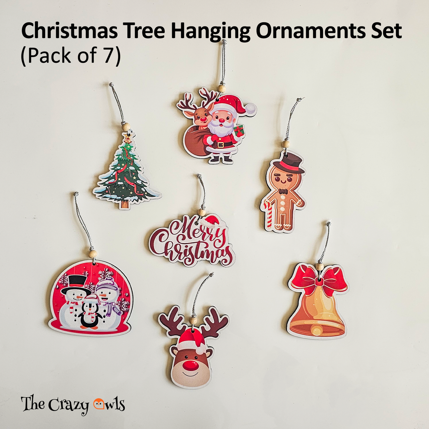 Christmas Hanging MDF Ornaments Cute Cartoon Tree Decorations Santa, Reindeer, Snowman, Gingerbread, Bell, Christmas Tree | Decor for Home, Xmas Tree & Gifting | 3 Inch Set of 7