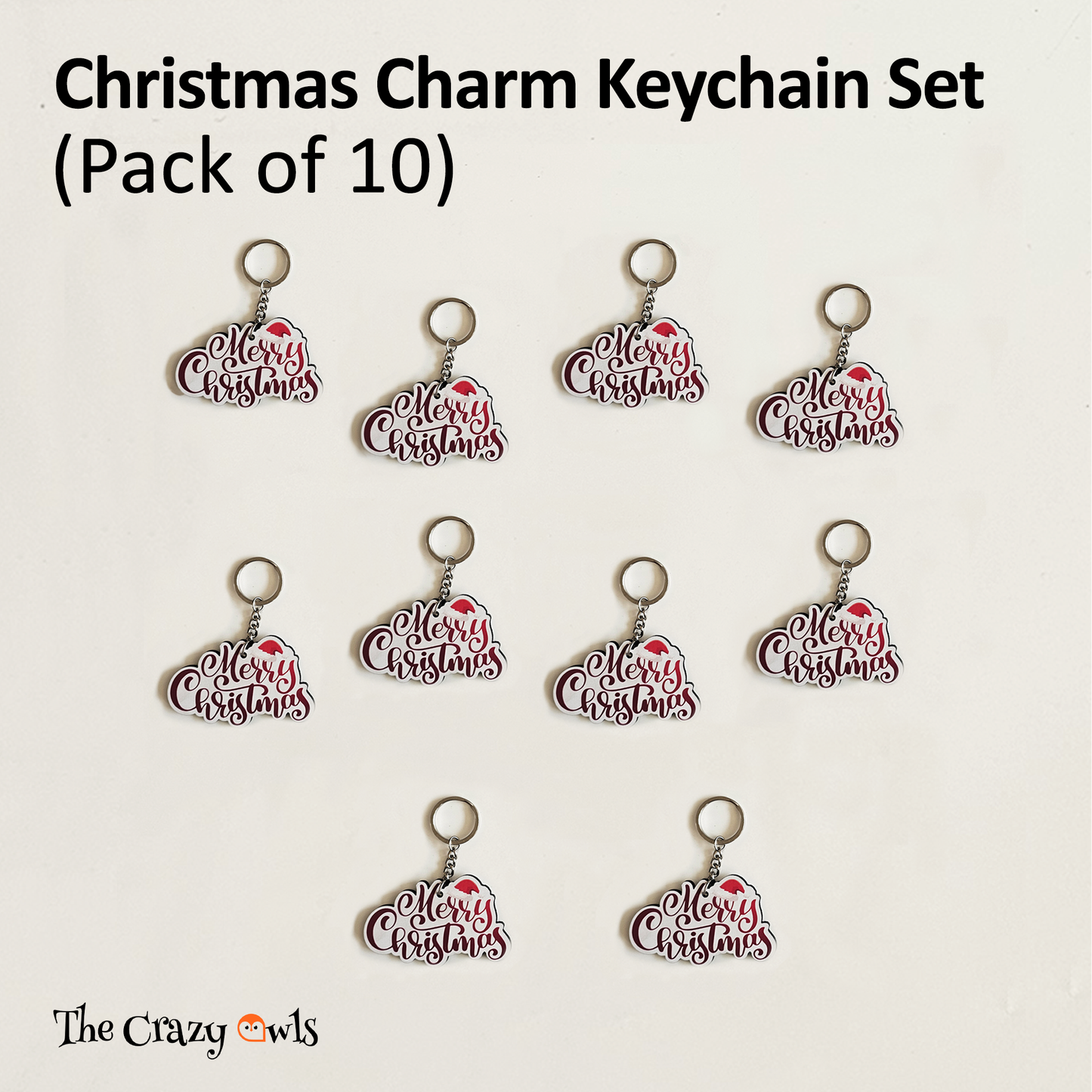 Merry Christmas Keychain for Kids Return Gifts Stocking Stuffers, School | Festive Santa Hat MDF Keychain | Set of 10