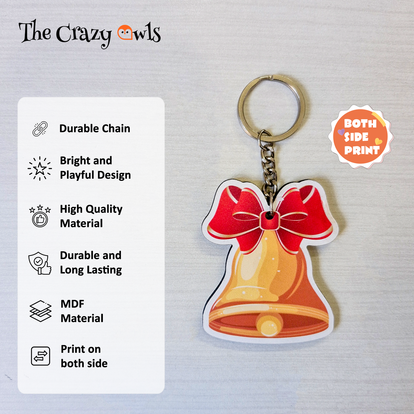 Christmas MDF Keychain | Santa Claus, Snowman, Gingerbread Man, Merry Christmas & Bell Key Rings | Set of 5