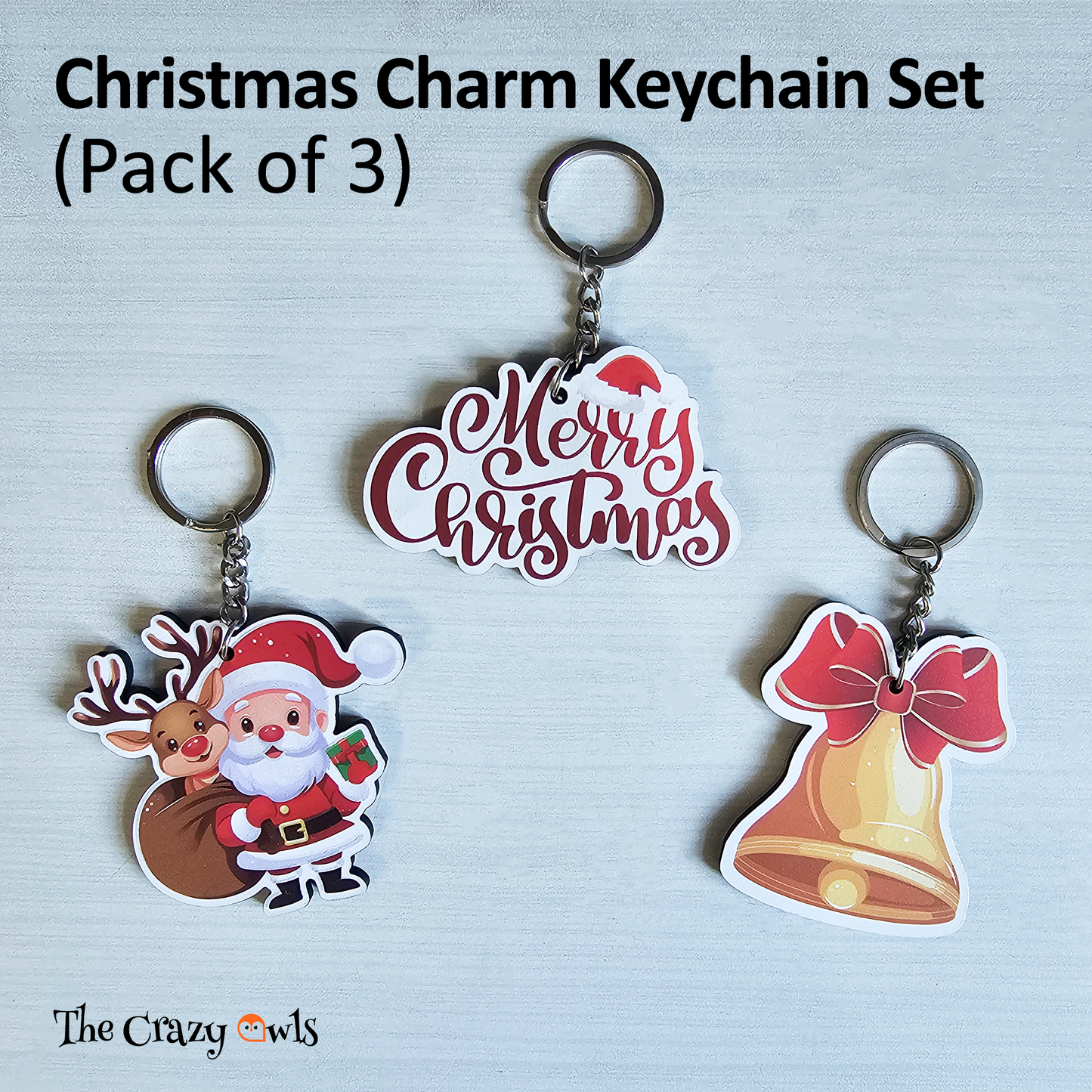 Christmas MDF Keychain Set | Santa Claus, Merry Christmas & Bell Design Key Rings | Perfect for Kids, Friends, Return Gifts, Secret Santa | Set of 3