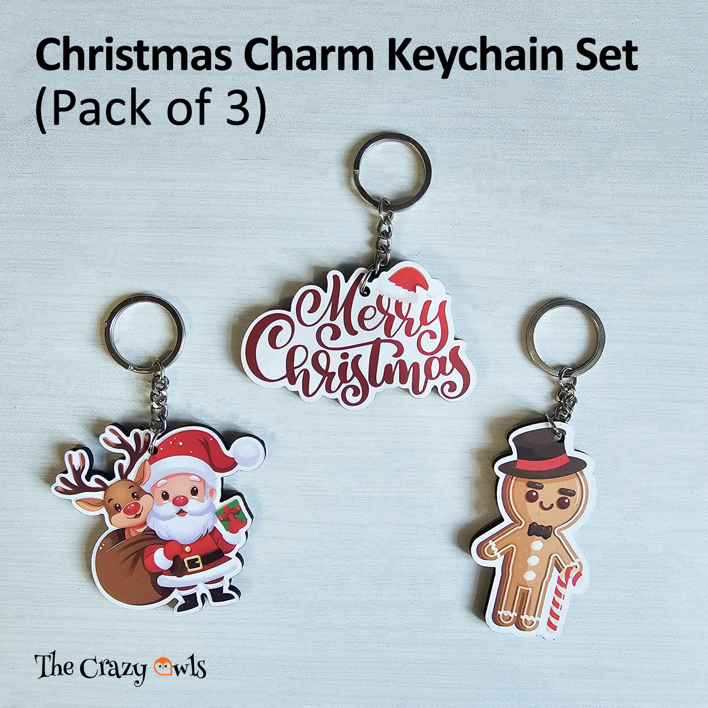 Cute Santa Claus, Gingerbread & Merry Christmas MDF Keychain | Gift Accessories for Kids & Adults | Christmas Party Return Gift | Set of 3