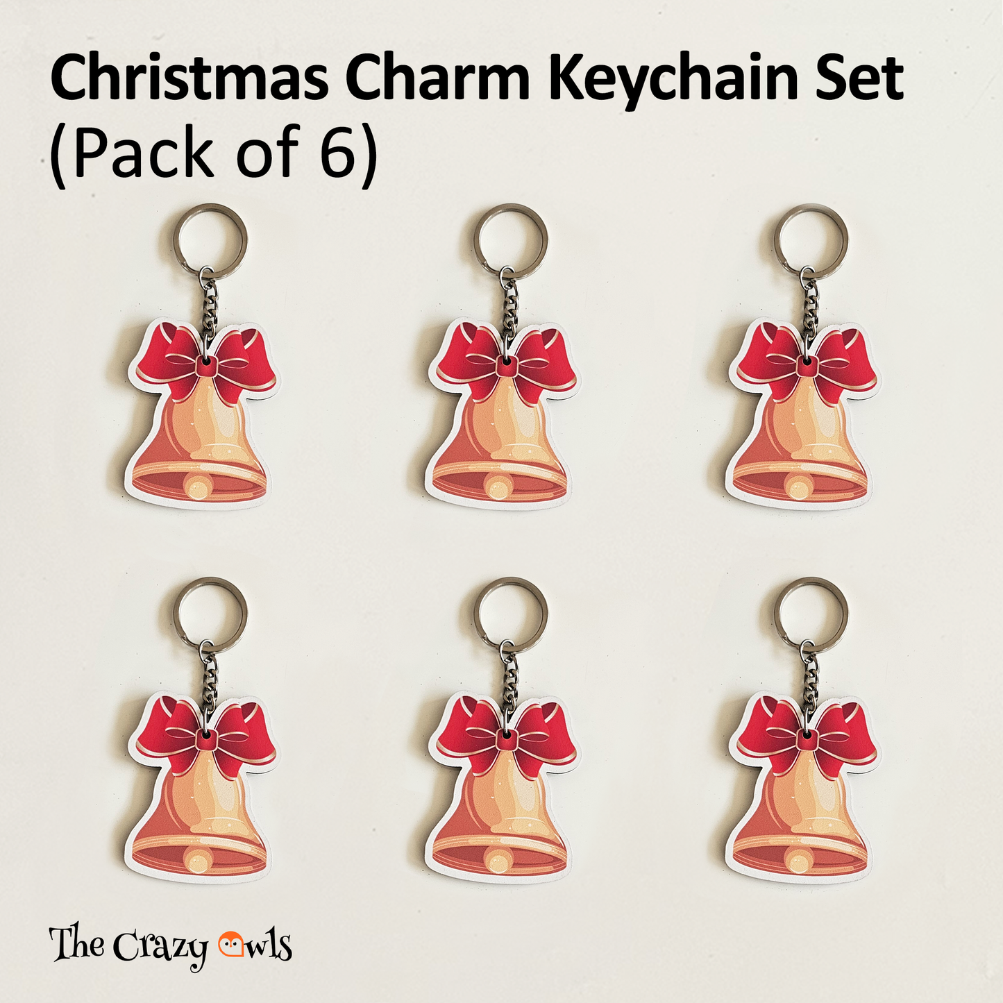 Cute Golden Bell with Red Bow MDF Keychains | Xmas Gifts, Party Favors, Stocking Stuffers, Decoration Accessories for | Set of 6