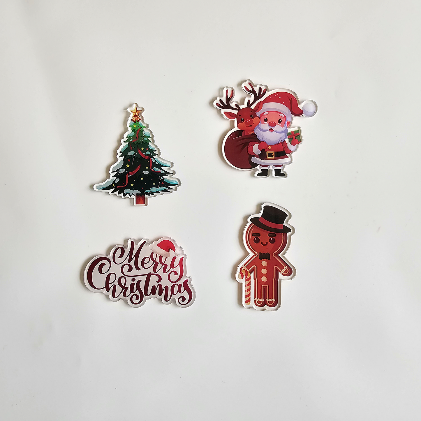 Christmas Acrylic Fridge Magnet Cute Santa Claus, Gingerbread Man, Tree & Merry Christmas | Refrigerator Decor, Magnetic Stickers, Stocking Stuffer Gifts, Kitchen & Office | 4x3 Set of 4