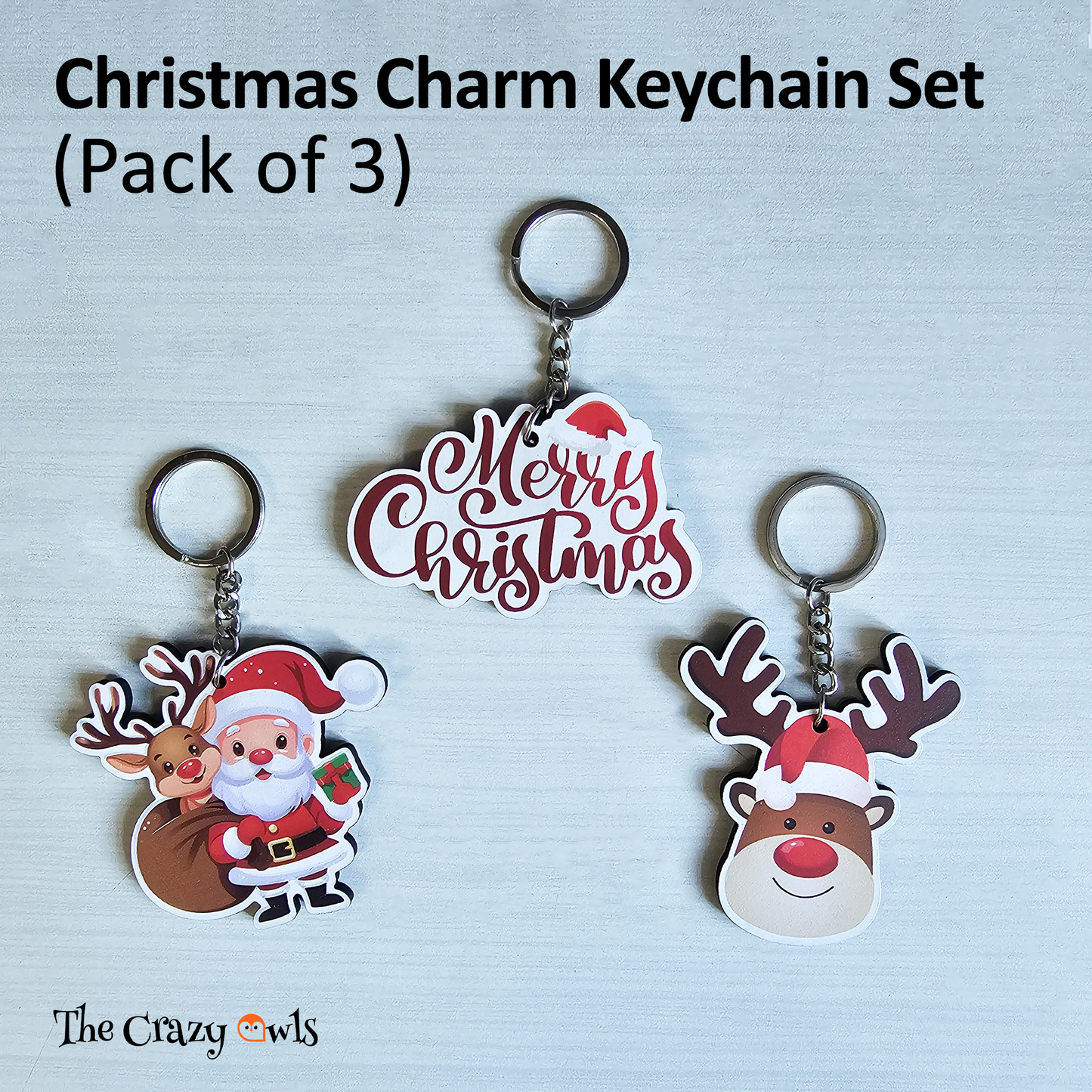 Cute Santa Claus, Reindeer Face, Tree & Merry Christmas MDF Keychain | Gift Accessories for Kids & Adults | Set of 3