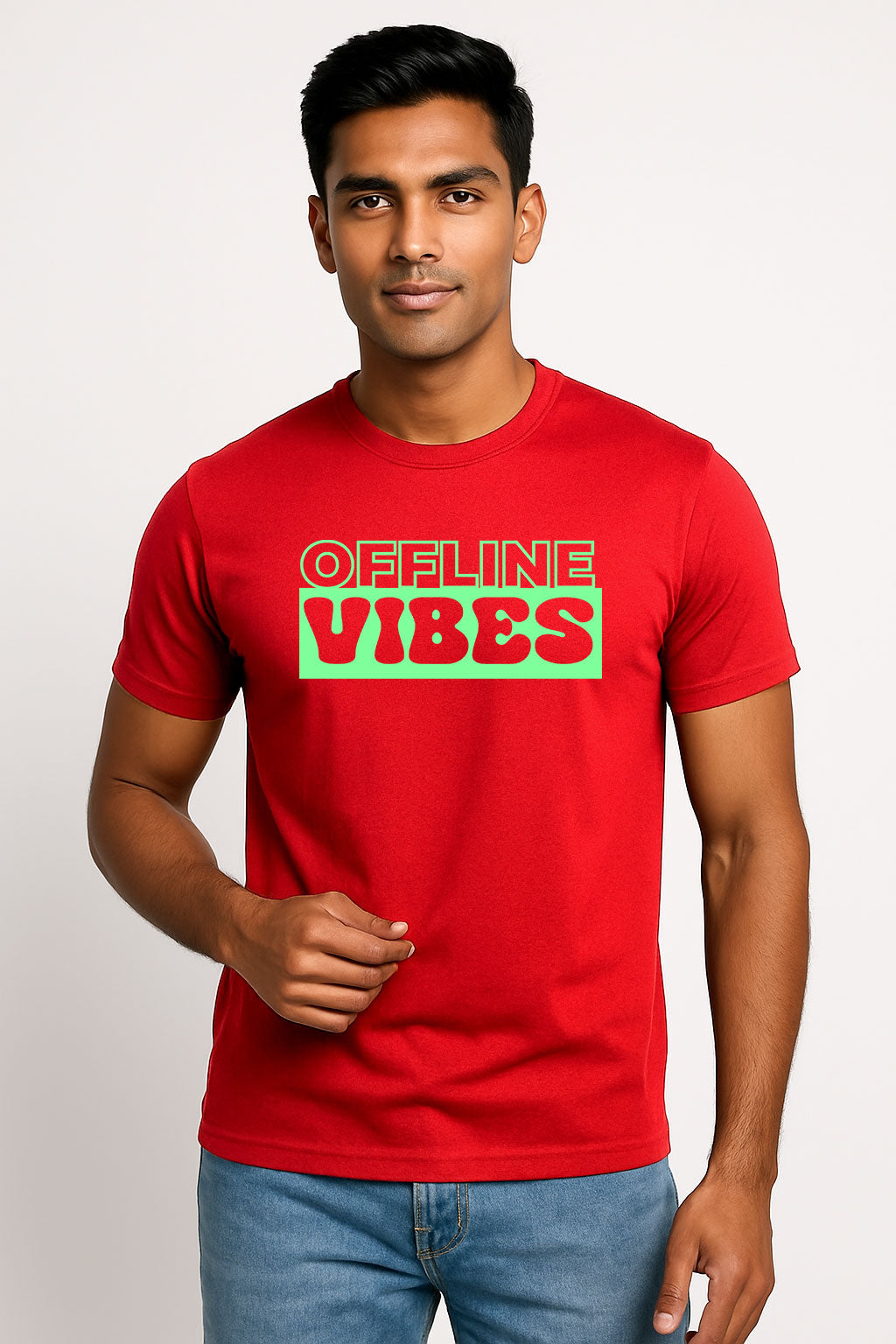 Offline Vibes Printed Pure Cotton T-Shirt for Men | Neon Green Typography Graphic Tee | Trendy Streetwear Half Sleeve T-Shirt