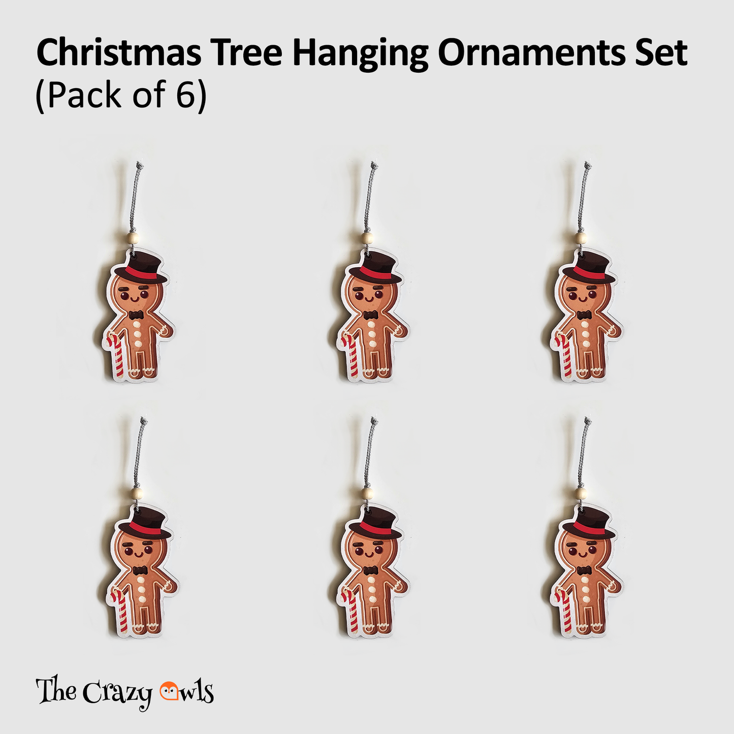 Gingerbread Man Christmas Hanging MDF Ornaments Cute Holiday Tree Decorations with Candy Cane | Christmas Decor for Home, Parties, Gifts & DIY Crafts | 4x3 Inch Set of 6
