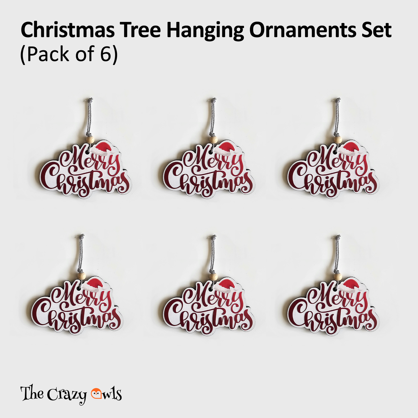 Merry Christmas Hanging MDF Ornaments Festive Tree Decorations with Santa Hat Design | Christmas Decor for Home, Parties, Gifts & DIY Crafts | 4x3 Inch Set of 6
