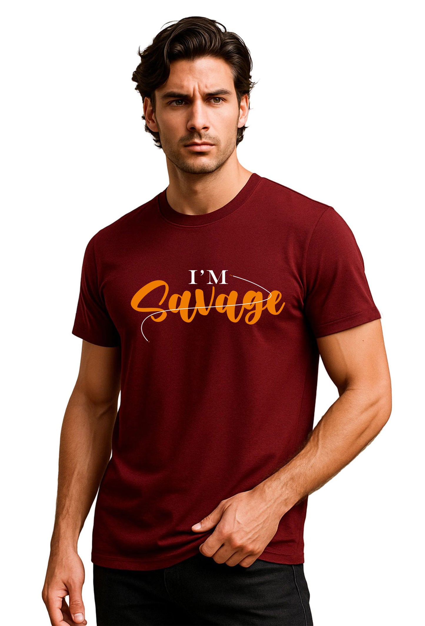  I’m Savage Printed Pure Cotton T-Shirt for Men | Stylish Bold Typography Graphic Tee | Casual Half Sleeve Slim Fit T-Shirt