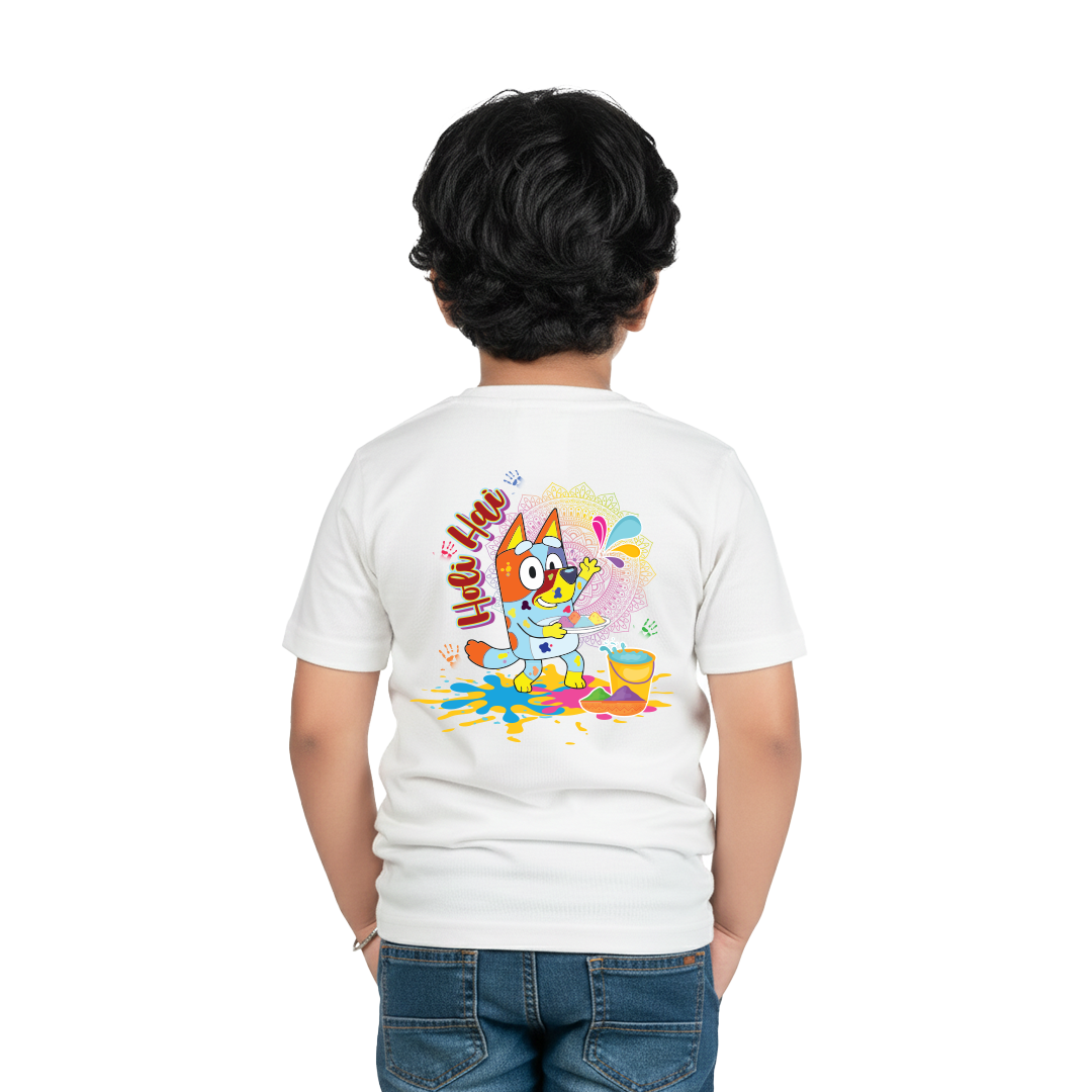 Happy Holi T Shirt for Boys & Girls | Cute Cartoon Dog Color Splash Print for kids | Soft Polyester Casual Wear