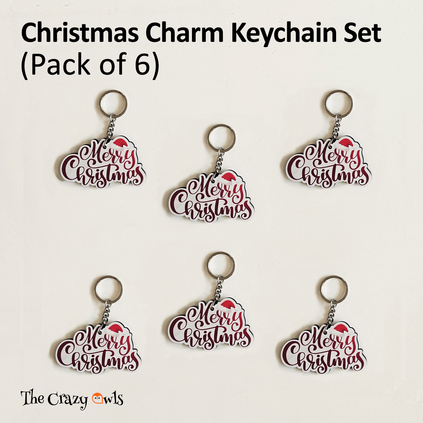 Merry Christmas MDF Keychain | Christmas Key Rings for Kids Return Gifts Stocking Stuffers, Schoo | Festive Santa Hat | Set of 6
