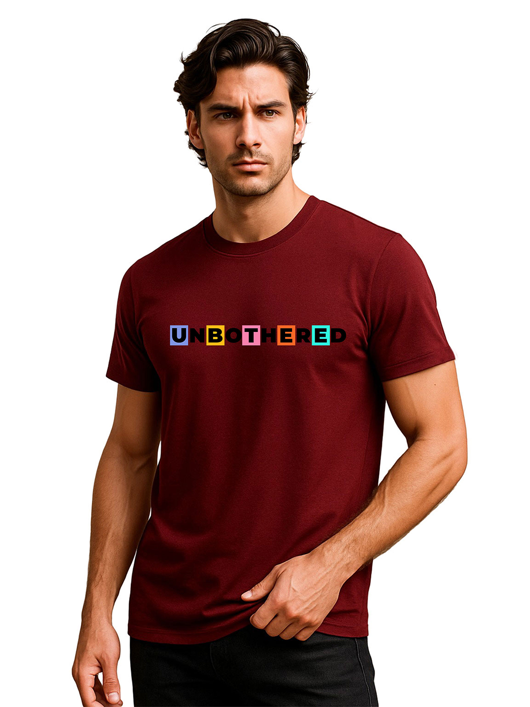 Unbothered Printed Pure Cotton T-Shirt for Men | Colorful Typography Graphic Tee | Trendy Casual Slim Fit Half Sleeve T-Shirt