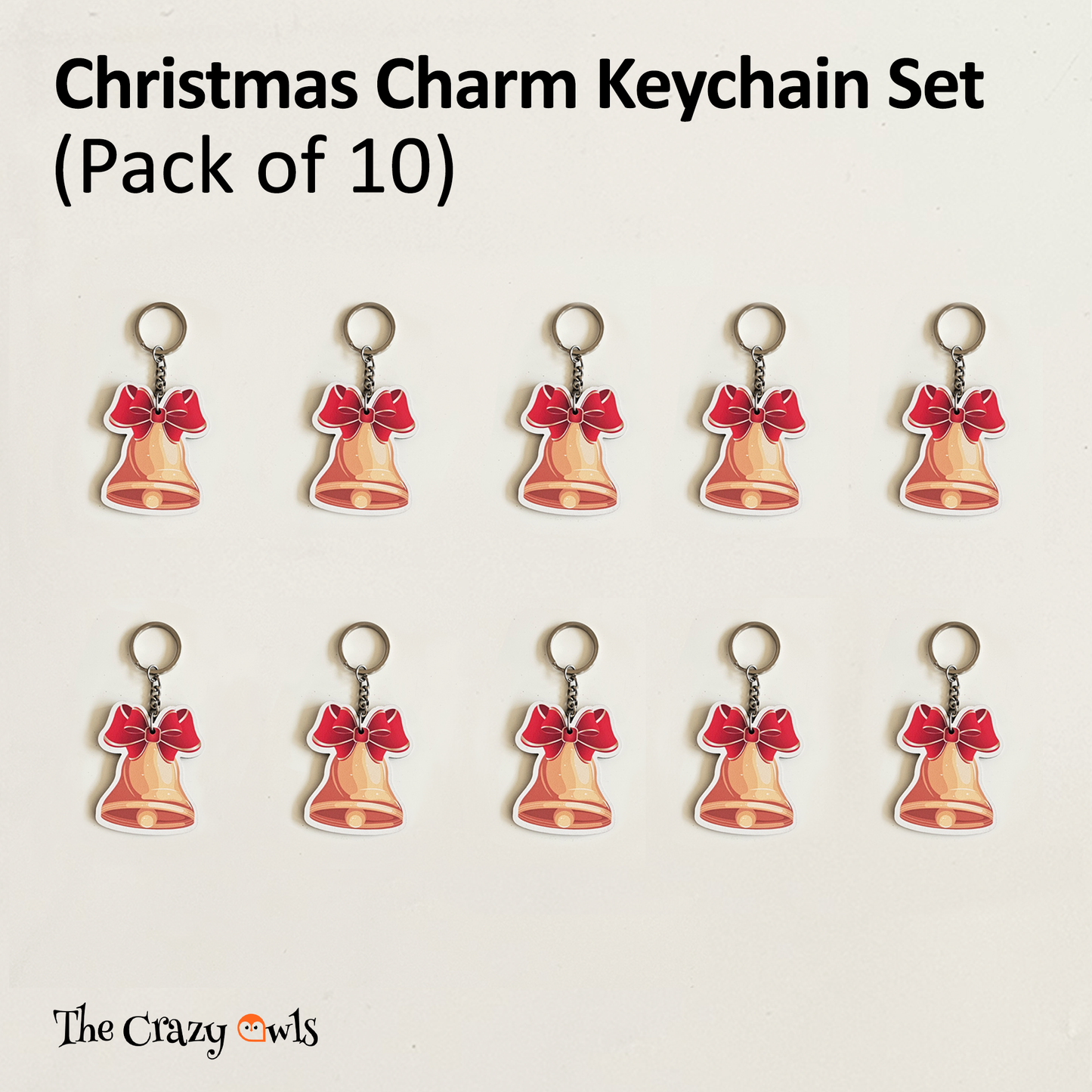 Cute Golden Bell with Red Bow MDF Keychains | Xmas Gifts, Party Favors, Stocking Stuffers, Decoration Accessories for | Set of 10