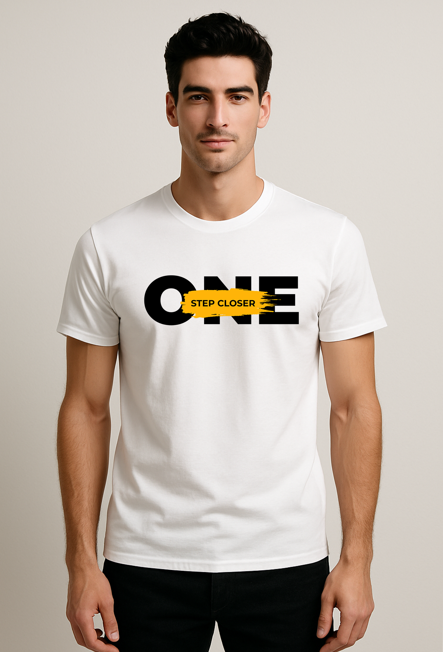 One Step Closer Printed Pure Cotton T-Shirt for Men | Motivational Quote Graphic Tee | Half Sleeve Casual Slim Fit Stylish T-Shirt