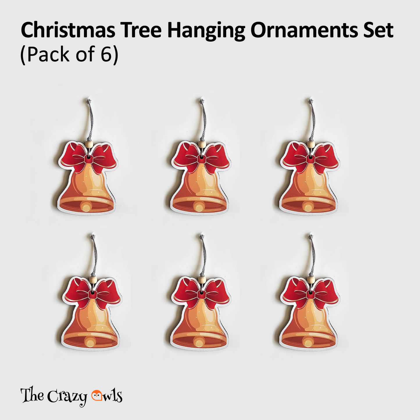 Christmas Ornaments MDF Gold Bell | Hanging Decorations with Red Bow | Holiday Party Décor, Festive Home Decorations, Stocking Stuffer Craft Supplies | Set of 6