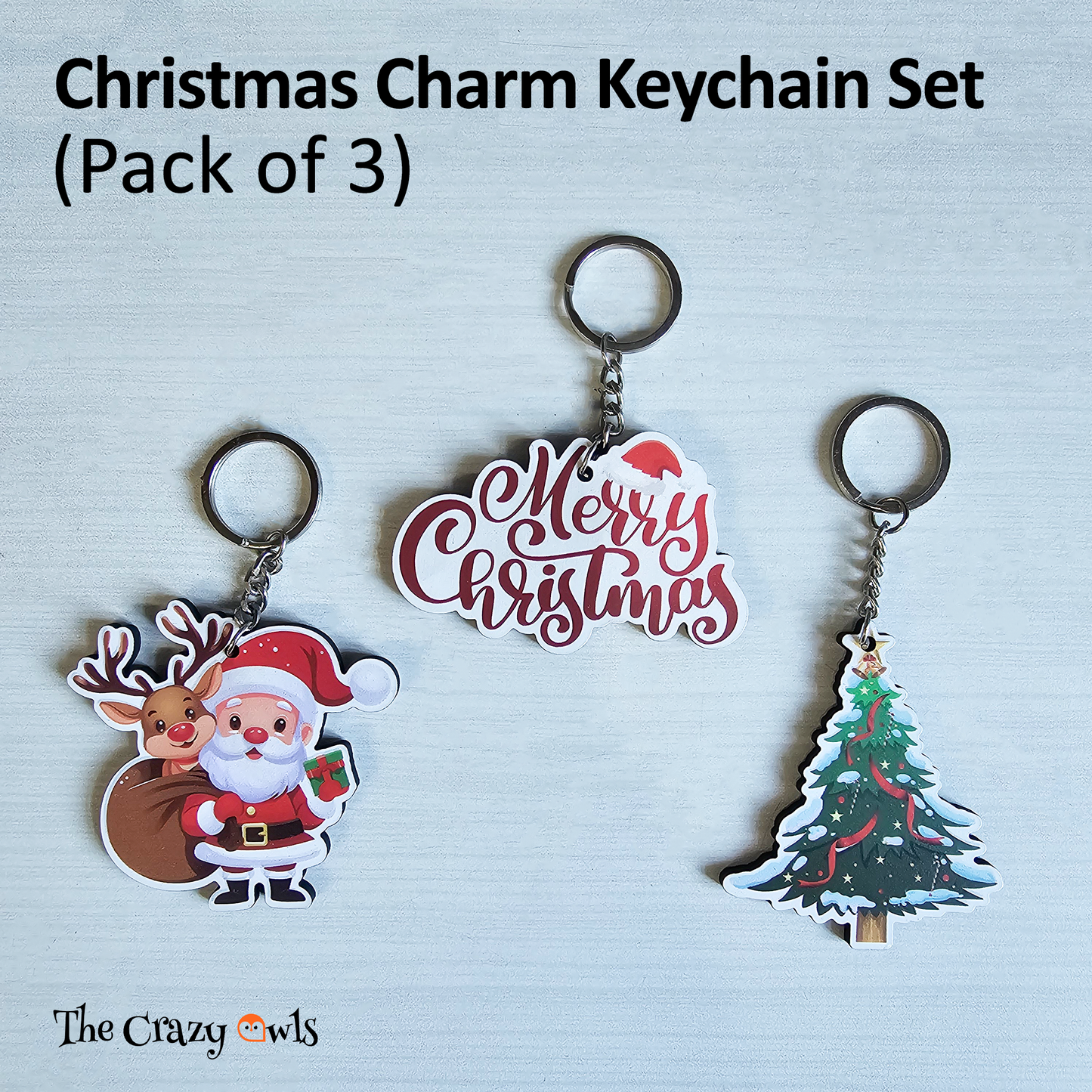 Cute Santa Claus, Reindeer, Christmas Tree & Merry Christmas MDF Keychain | Gift Accessories for Kids & Adults | Set of 3