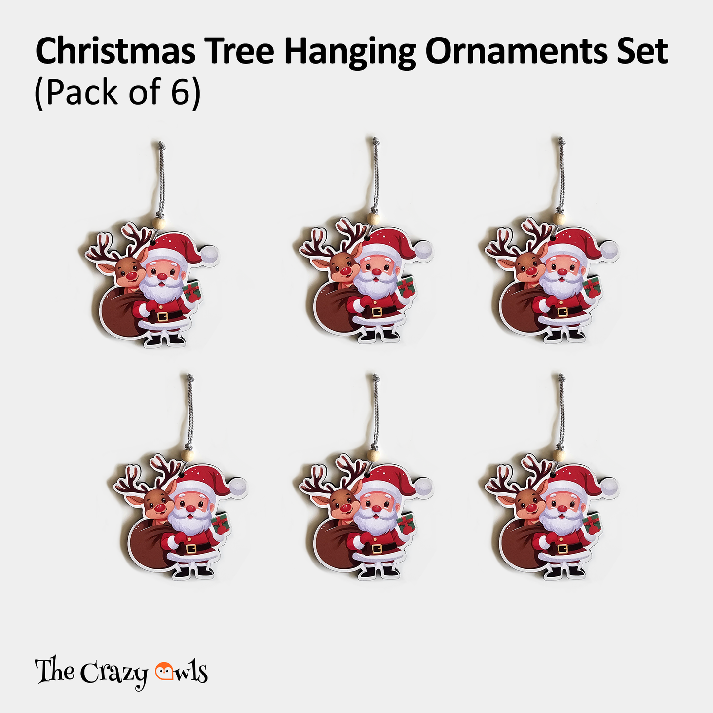 Santa & Reindeer Christmas Hanging MDF Ornaments Cute Holiday Tree Decorations | Santa Claus for Home Decor, Parties, Gifts & DIY Crafts | 3 Inch Set of 6