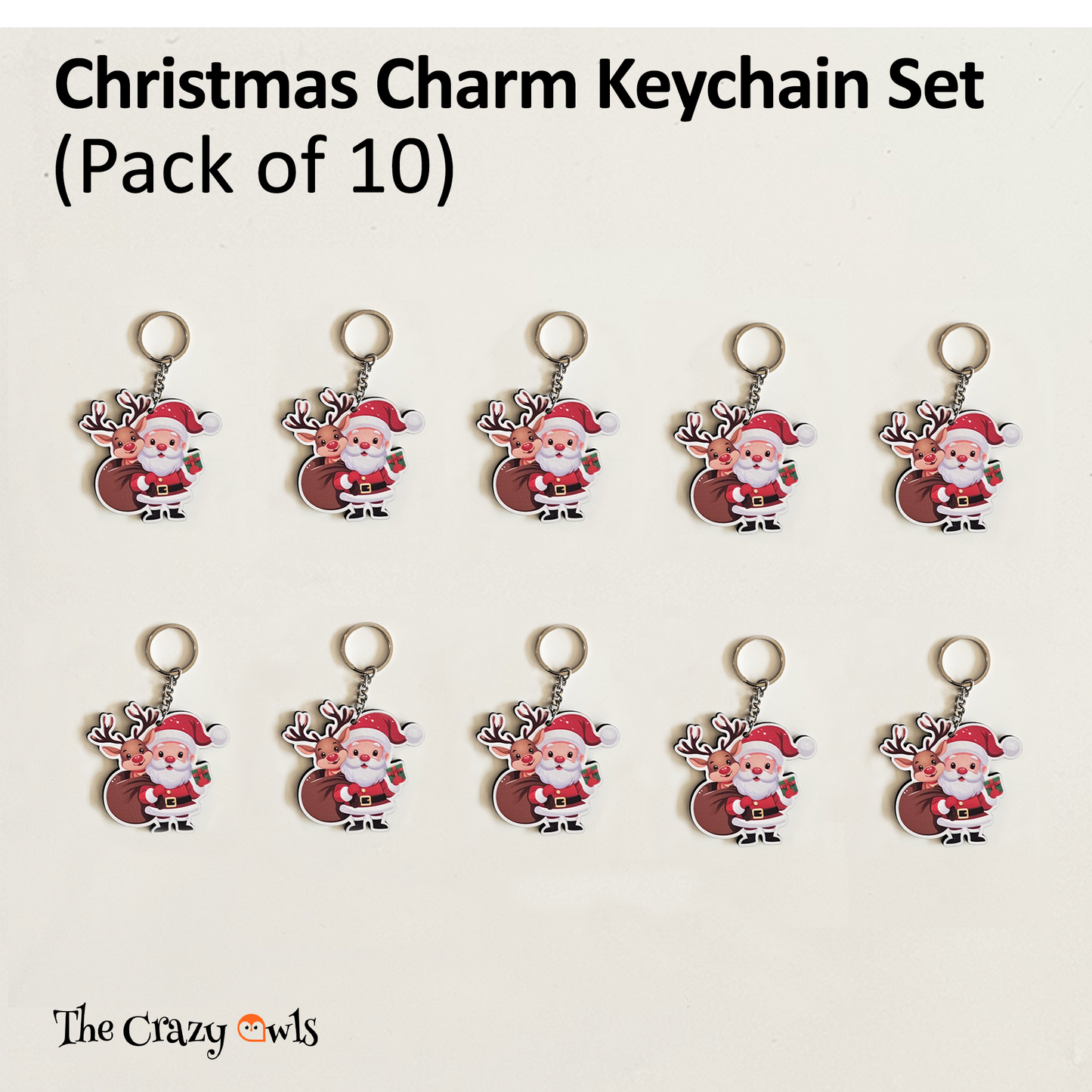 Christmas Santa Keychain | Cute Santa & Reindeer MDF Key Rings for Kids | Christmas Return Gifts, Stocking Stuffers, School | Xmas Keychains | Set of 10