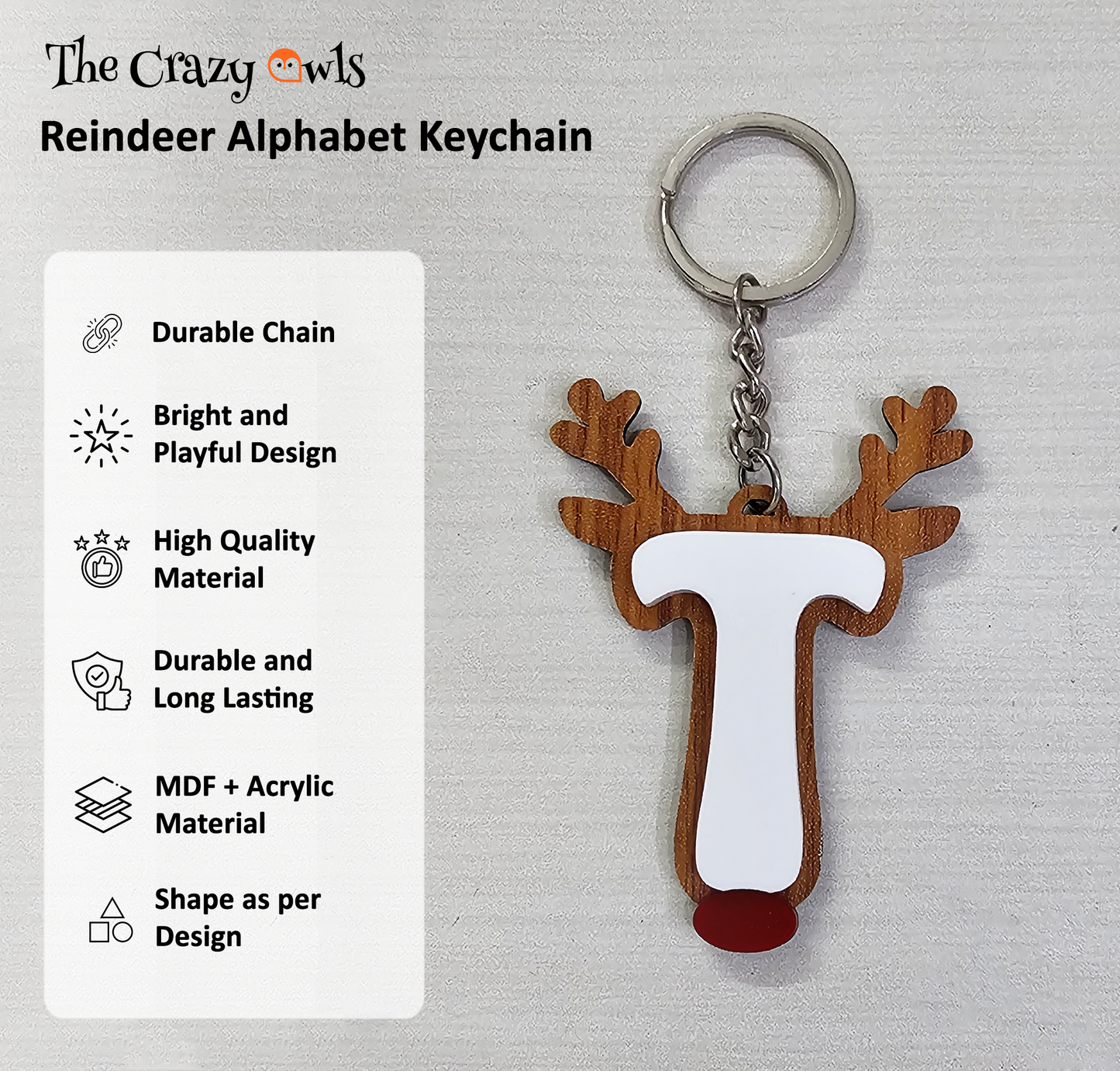 Alphabet Reindeer Keychain | MDF & Acrylic Letter Keyring for Christmas Gifts | Key Chain for Bag, Office & Friends | Pick any 1 A to Z Alphabet of your choice