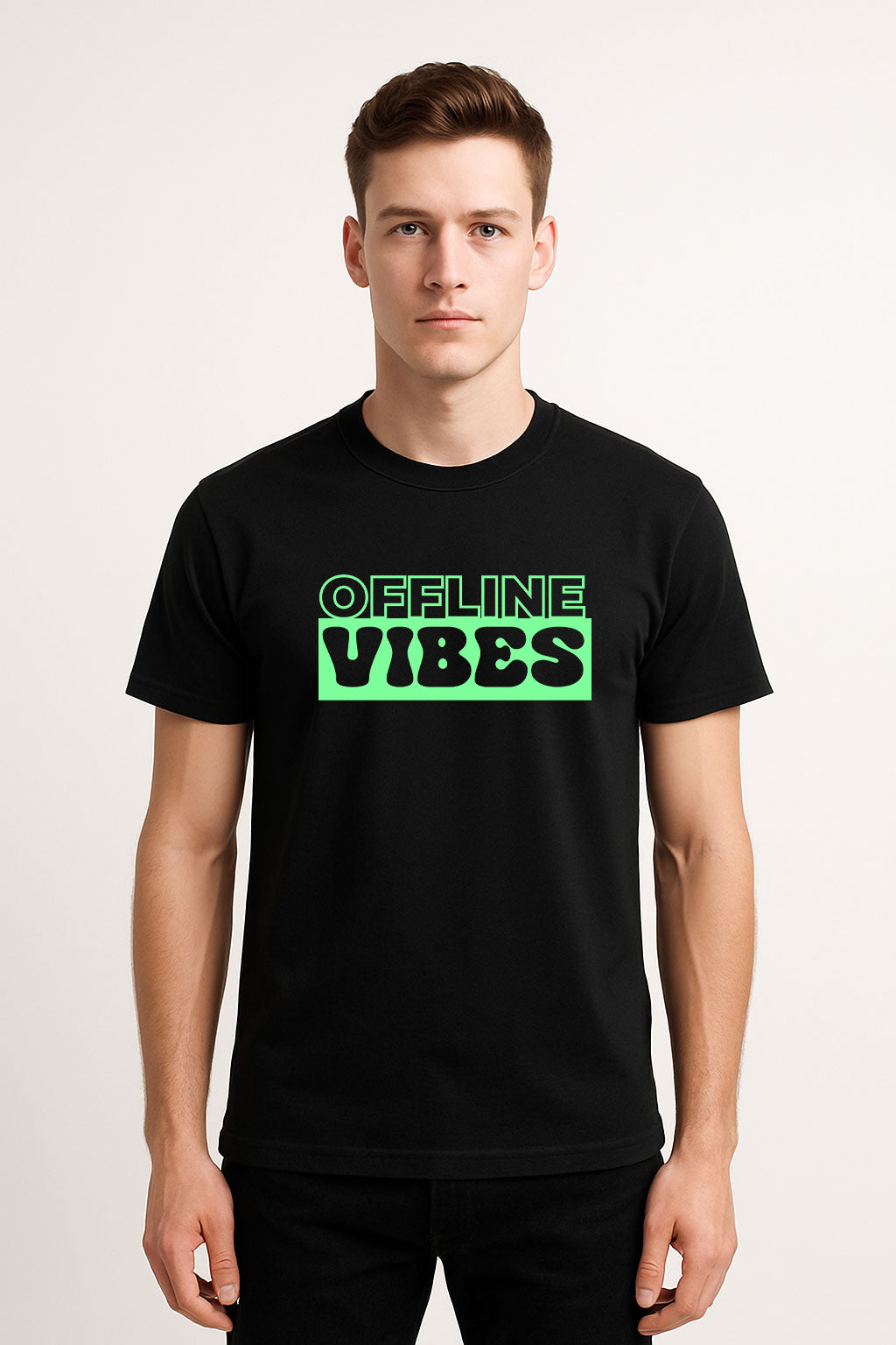 Offline Vibes Printed Pure Cotton T-Shirt for Men | Neon Green Typography Graphic Tee | Trendy Streetwear Half Sleeve T-Shirt