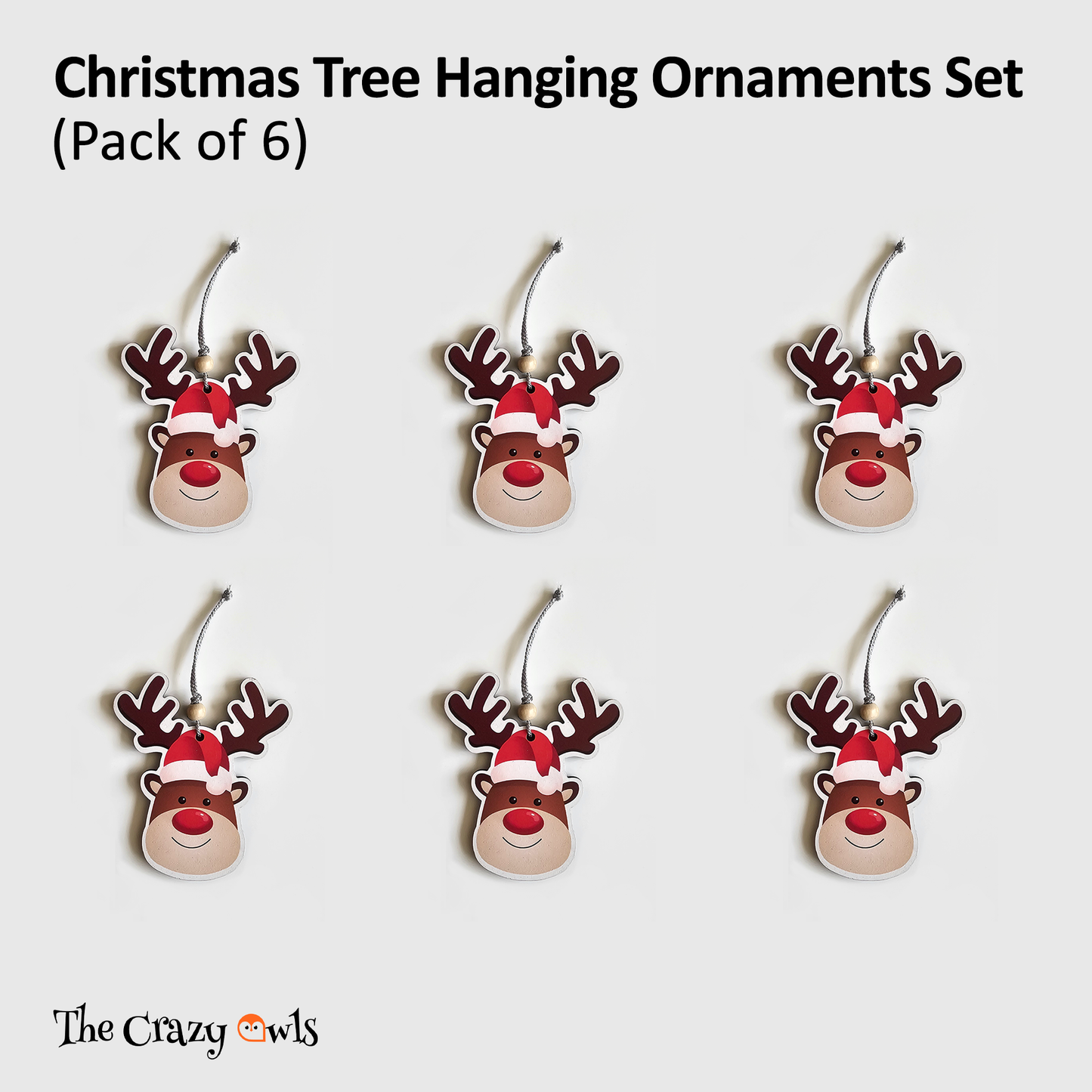 Christmas MDF Hanging Ornaments Cute Red-Nose Reindeer Decor for Christmas Tree Home Decoration, DIY Crafts & Gift Wrapping | 4x3 Inch Set of 6