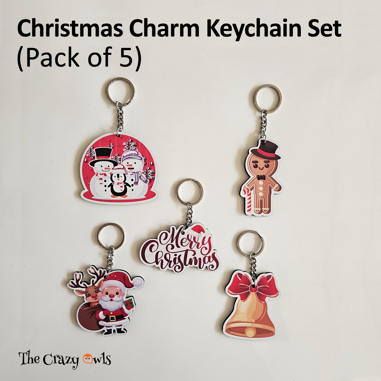 Reindeer, Tree, Merry Christmas, Santa Claus & Bell MDF Keychain | Return Gifts & Secret Santa | Set of 5