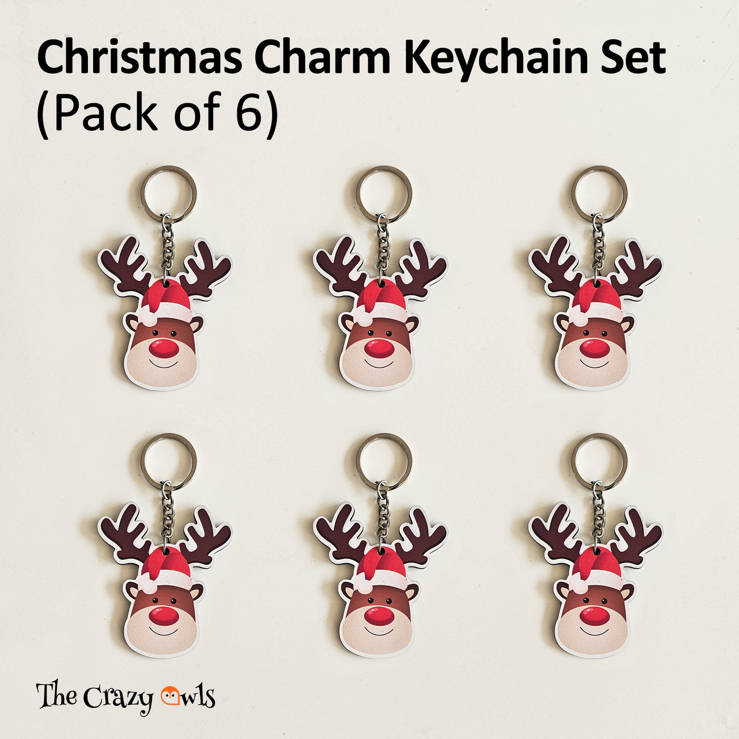 Cute Santa Reindeer MDF Christmas Keychains for Gift, Party Favors, Xmas Decoration, Backpack & Key Ring | Set of 6