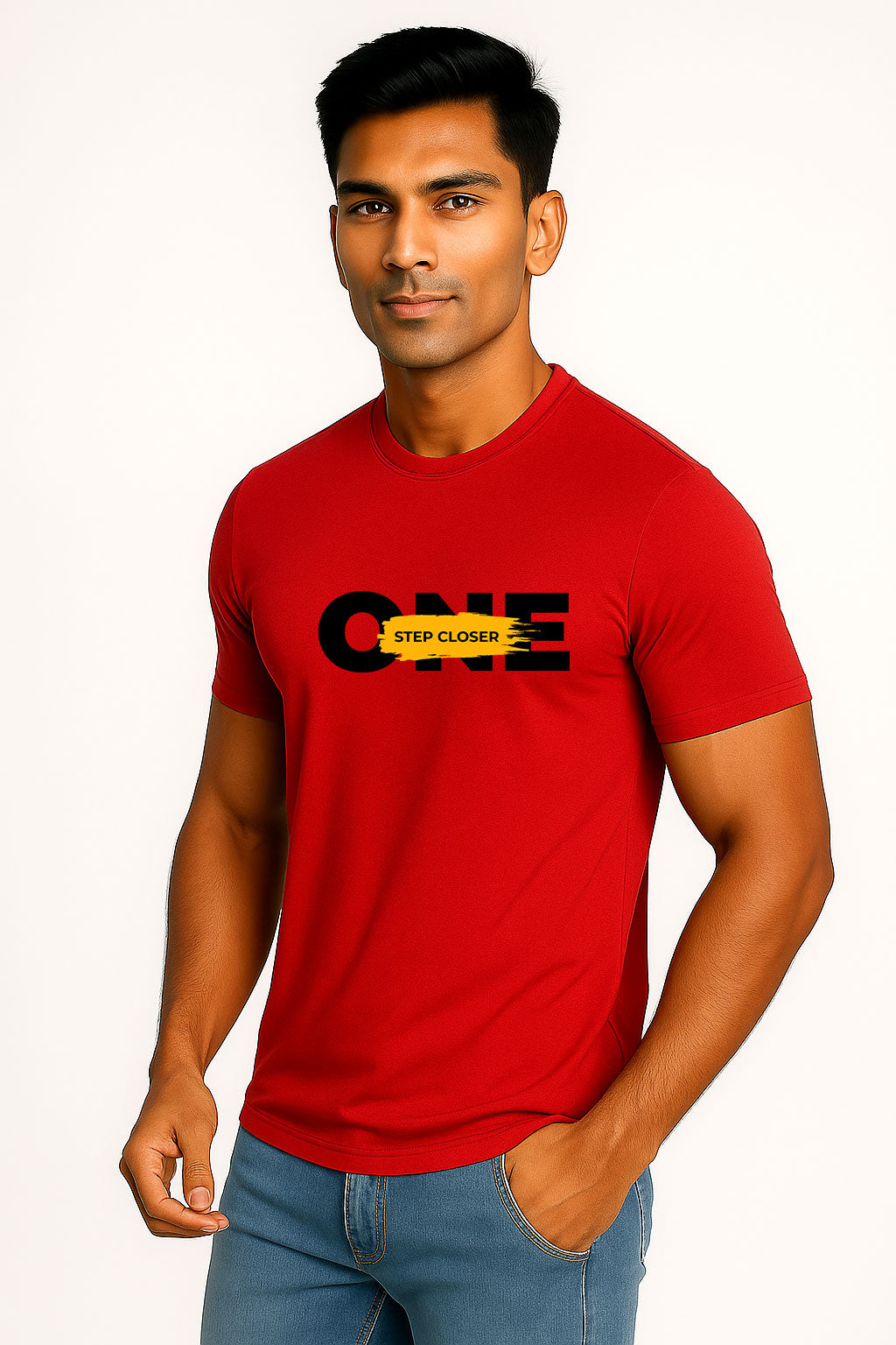 One Step Closer Printed Pure Cotton T-Shirt for Men | Motivational Quote Graphic Tee | Half Sleeve Casual Slim Fit Stylish T-Shirt