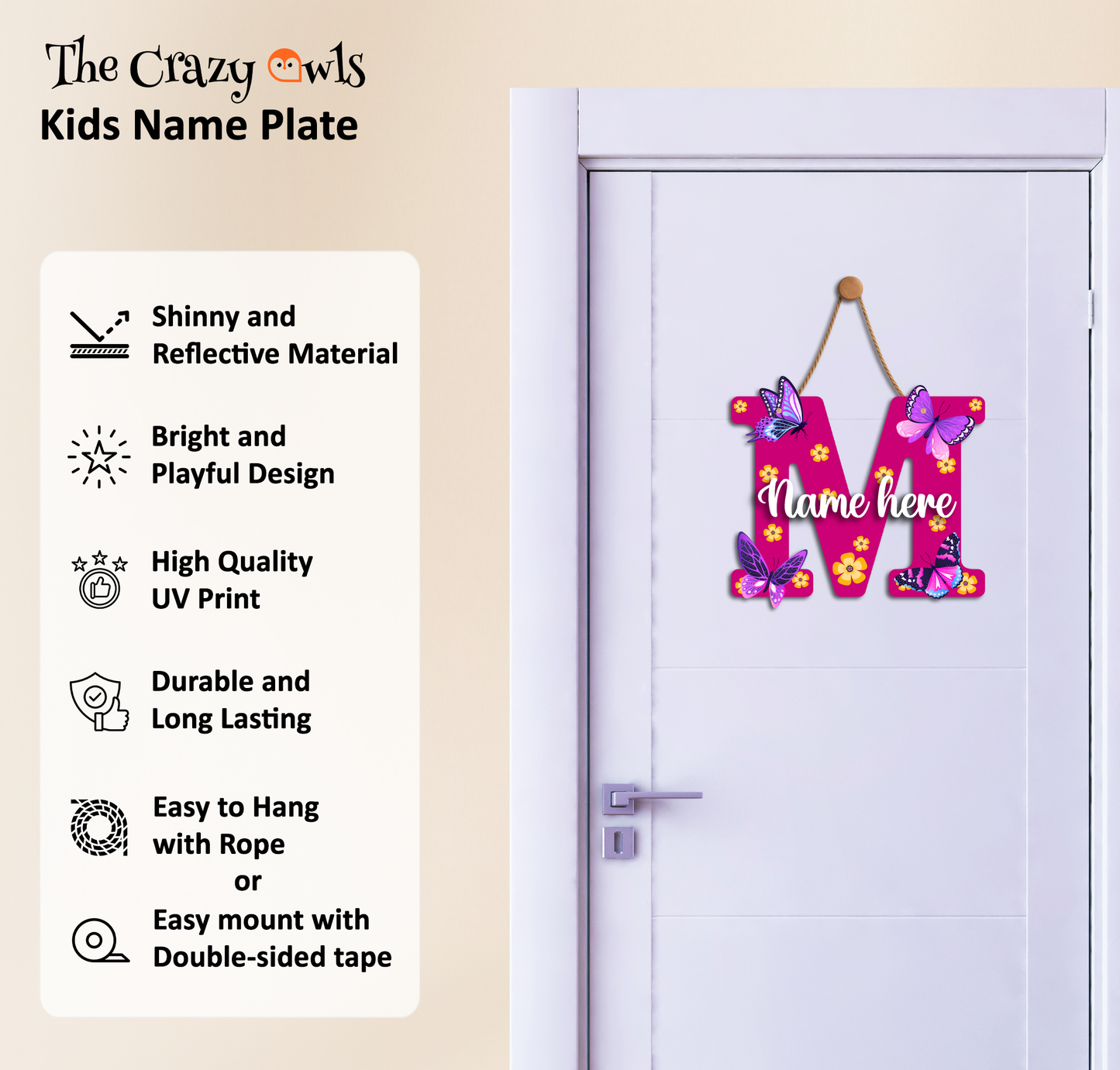 Customized Acrylic Name Sign for Kids Room | 9 Inch Pink Floral Butterfly Initial Wall Decor | Personalized Nameplate Birthday Gift for Girls | Includes Hanging Rope/Tape