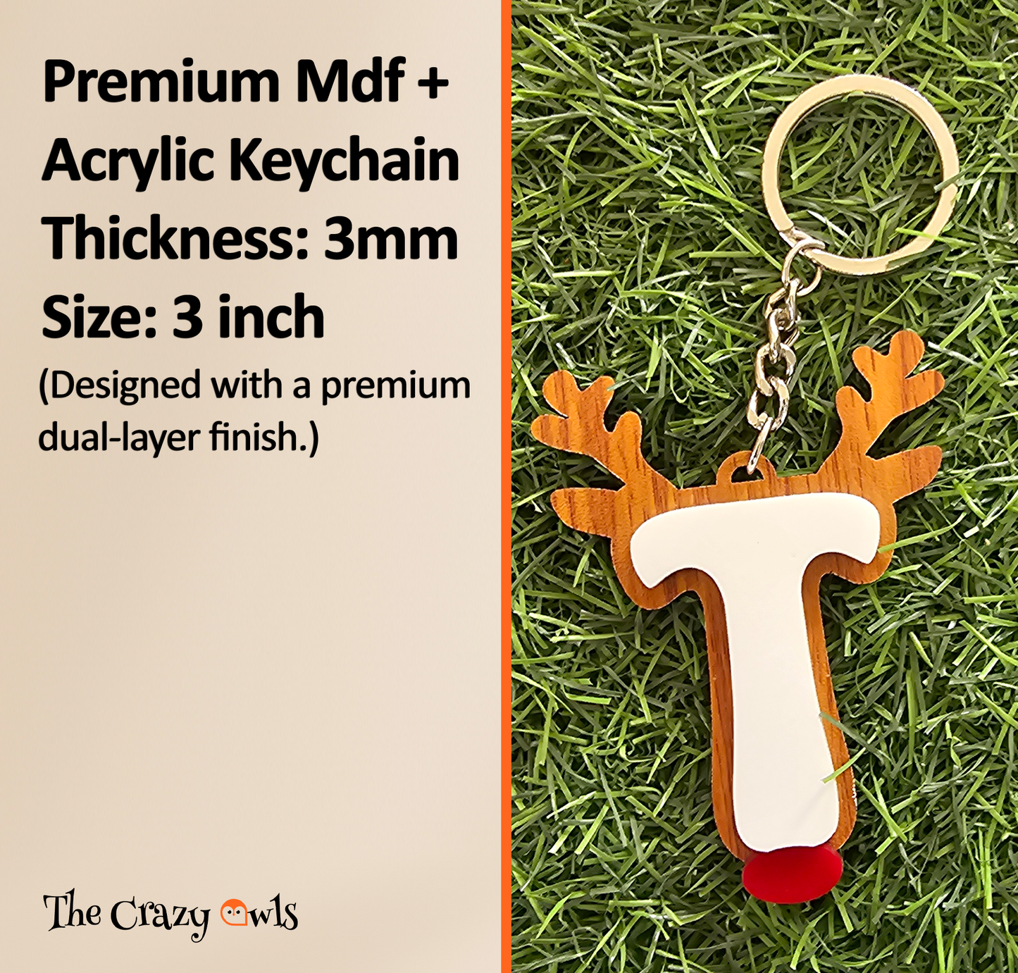 Alphabet Reindeer Keychain | MDF & Acrylic Letter Keyring for Christmas Gifts | Key Chain for Bag, Office & Friends | Pick any 1 A to Z Alphabet of your choice
