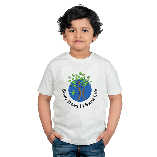 Kids Eco-Friendly Save Trees Printed T-Shirt – Organic Cotton White Tee for Boys & Girls | Environmental Awareness Graphic Tee
