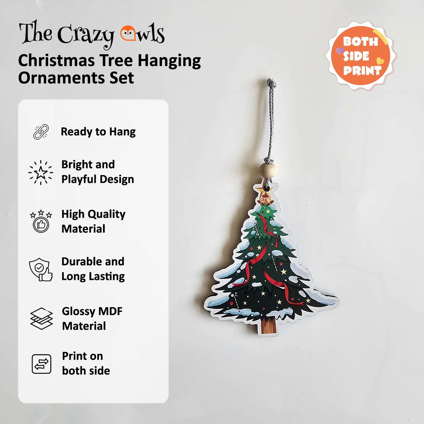 Christmas Tree MDF Hanging Ornaments Festive Decor | Lightweight Winter Snow Christmas Decorations for Home, Gifts & Craft Projects | 4x3 Inch Set of 6