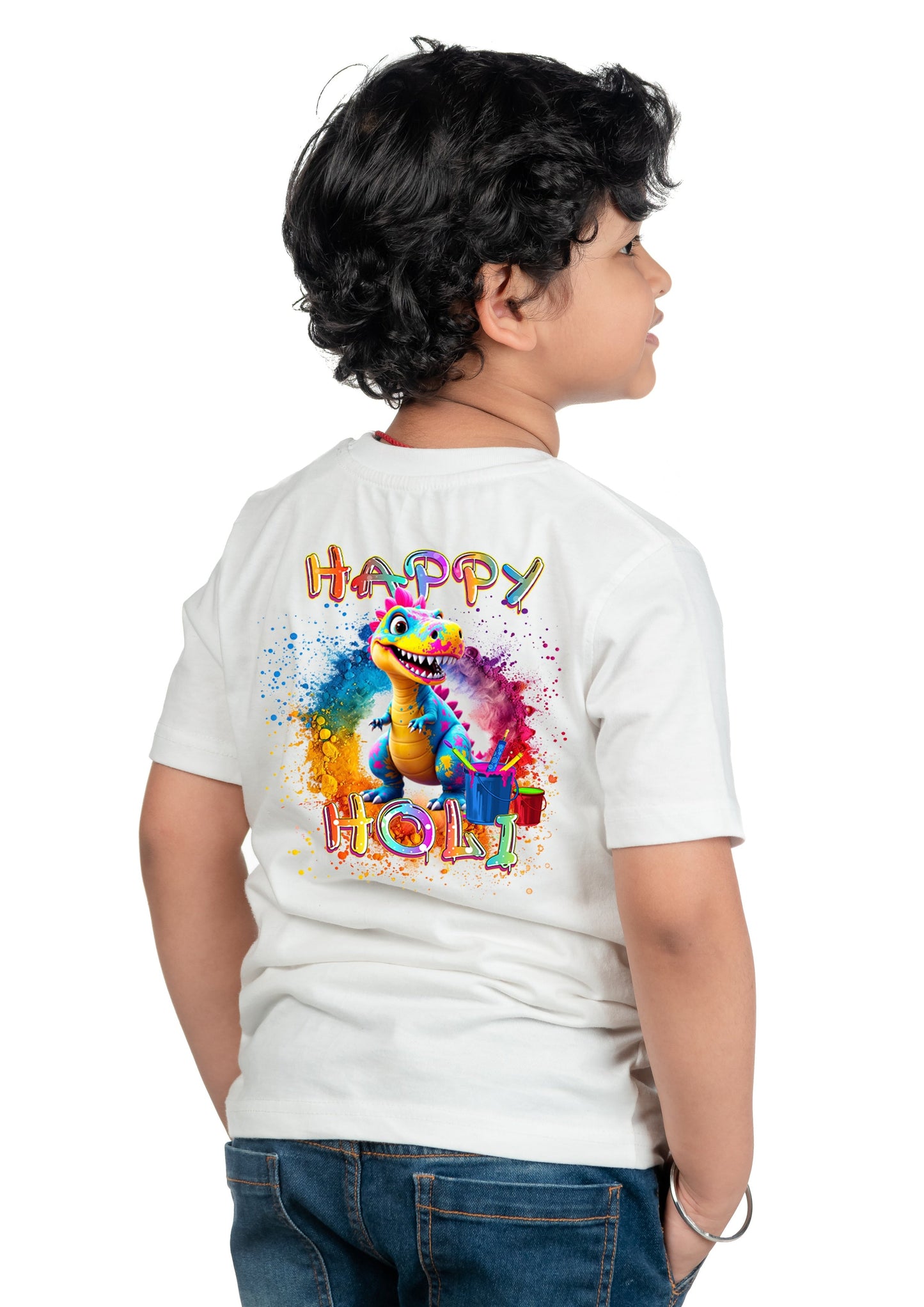 Chombooka Boys & Girls' Colorful Polyester Holi Printed T-Shirt | Festive Fun for Kids | Happy Holi Dinasaur theme Printed Tee