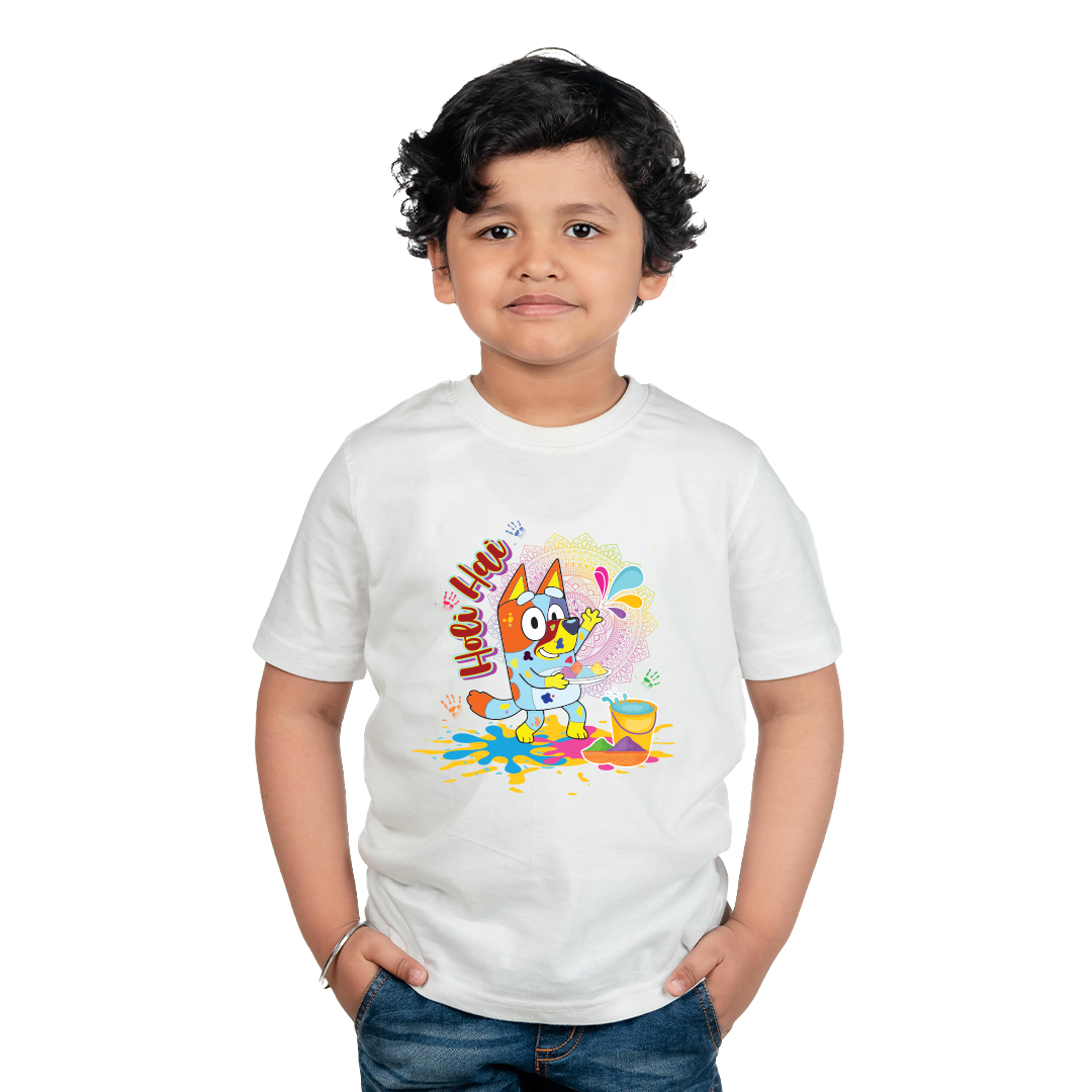 Happy Holi T Shirt for Boys & Girls | Cute Cartoon Dog Color Splash Print for kids | Soft Polyester Casual Wear