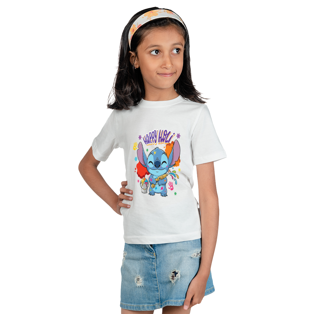Happy Holi Cute Cartoon Printed | Kids Festival Wear Polyester T-Shirt | Holi Outfit for Boys & Girls