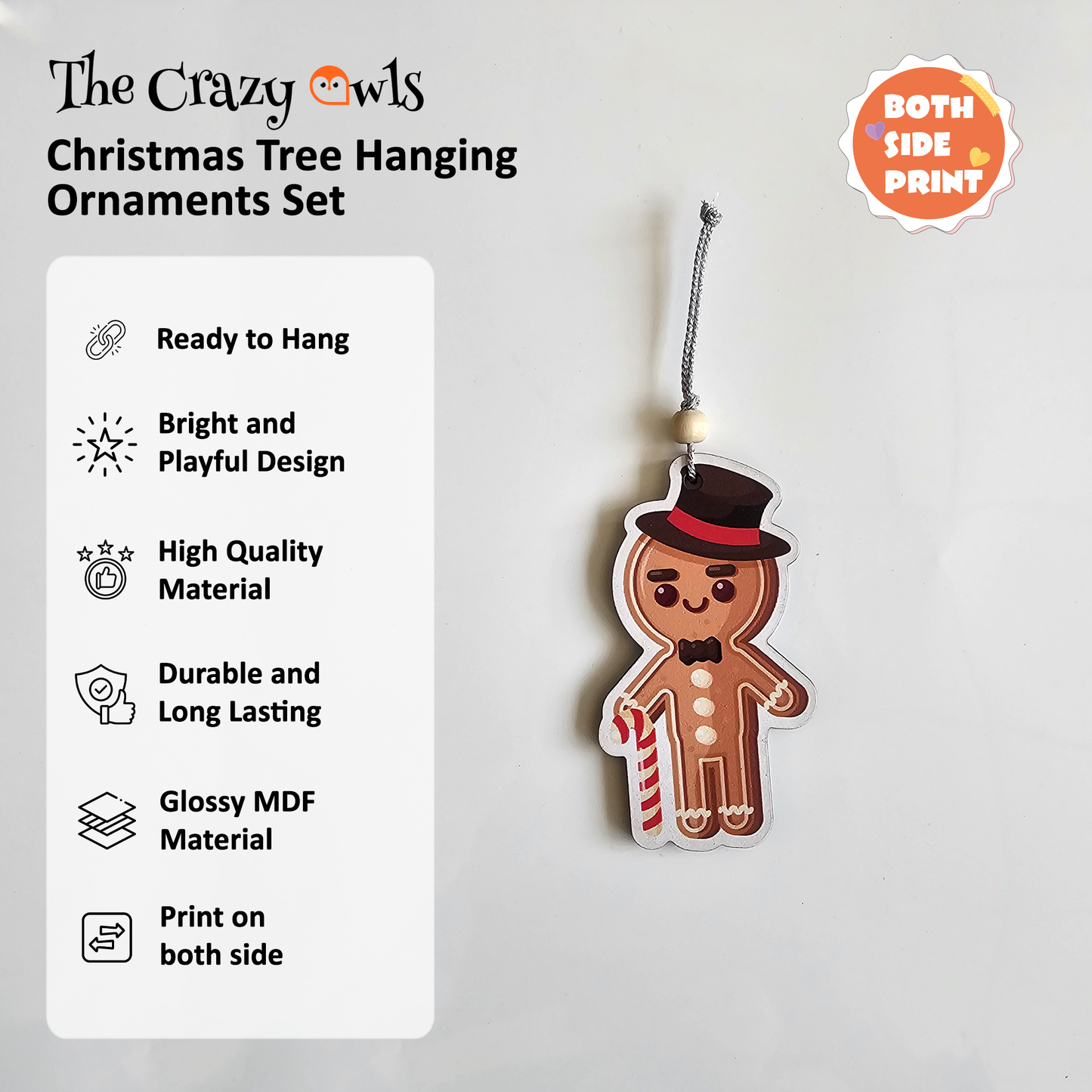 Gingerbread Man Christmas Hanging MDF Ornaments Cute Holiday Tree Decorations with Candy Cane | Christmas Decor for Home, Parties, Gifts & DIY Crafts | 4x3 Inch Set of 6