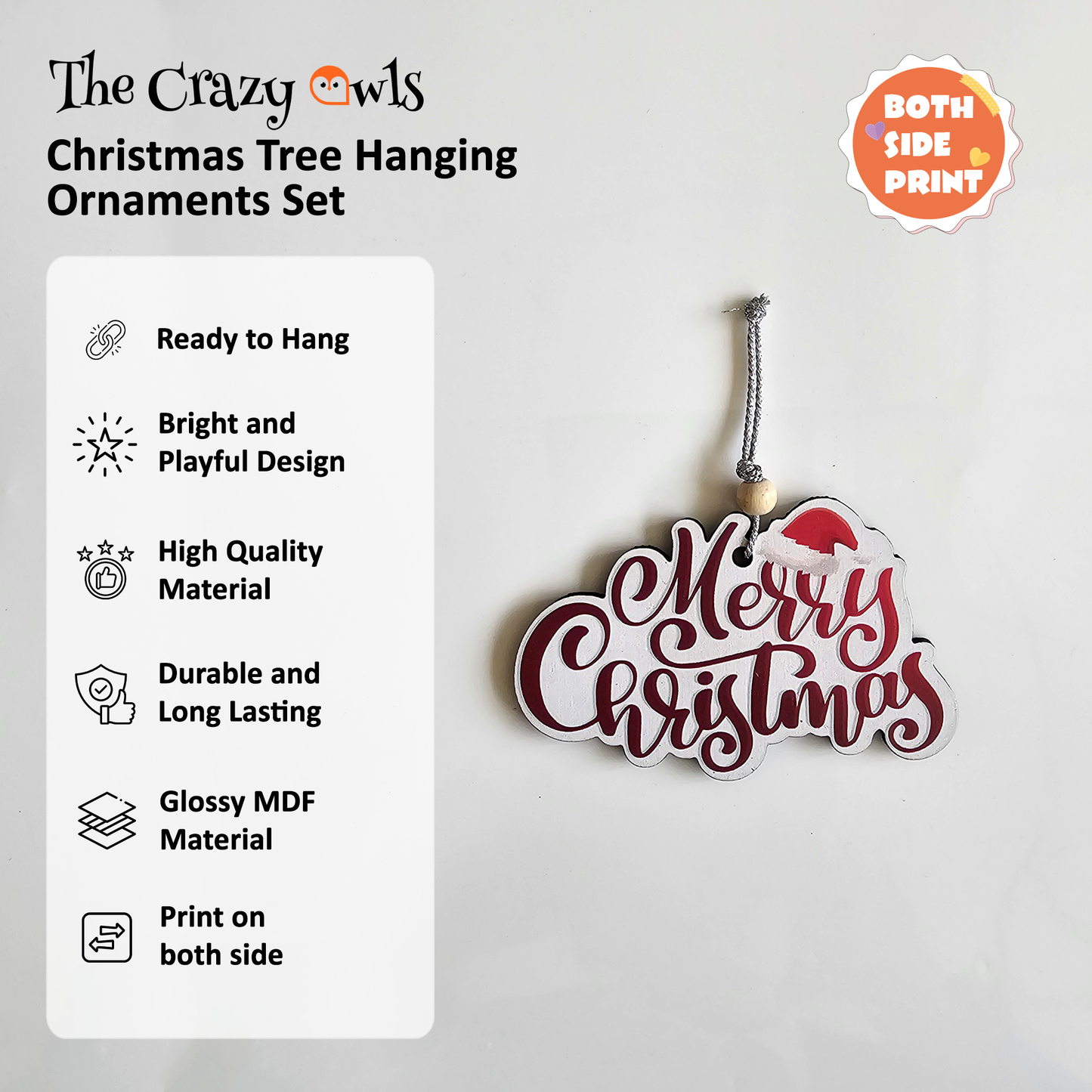 Merry Christmas Hanging MDF Ornaments Festive Tree Decorations with Santa Hat Design | Christmas Decor for Home, Parties, Gifts & DIY Crafts | 4x3 Inch Set of 6