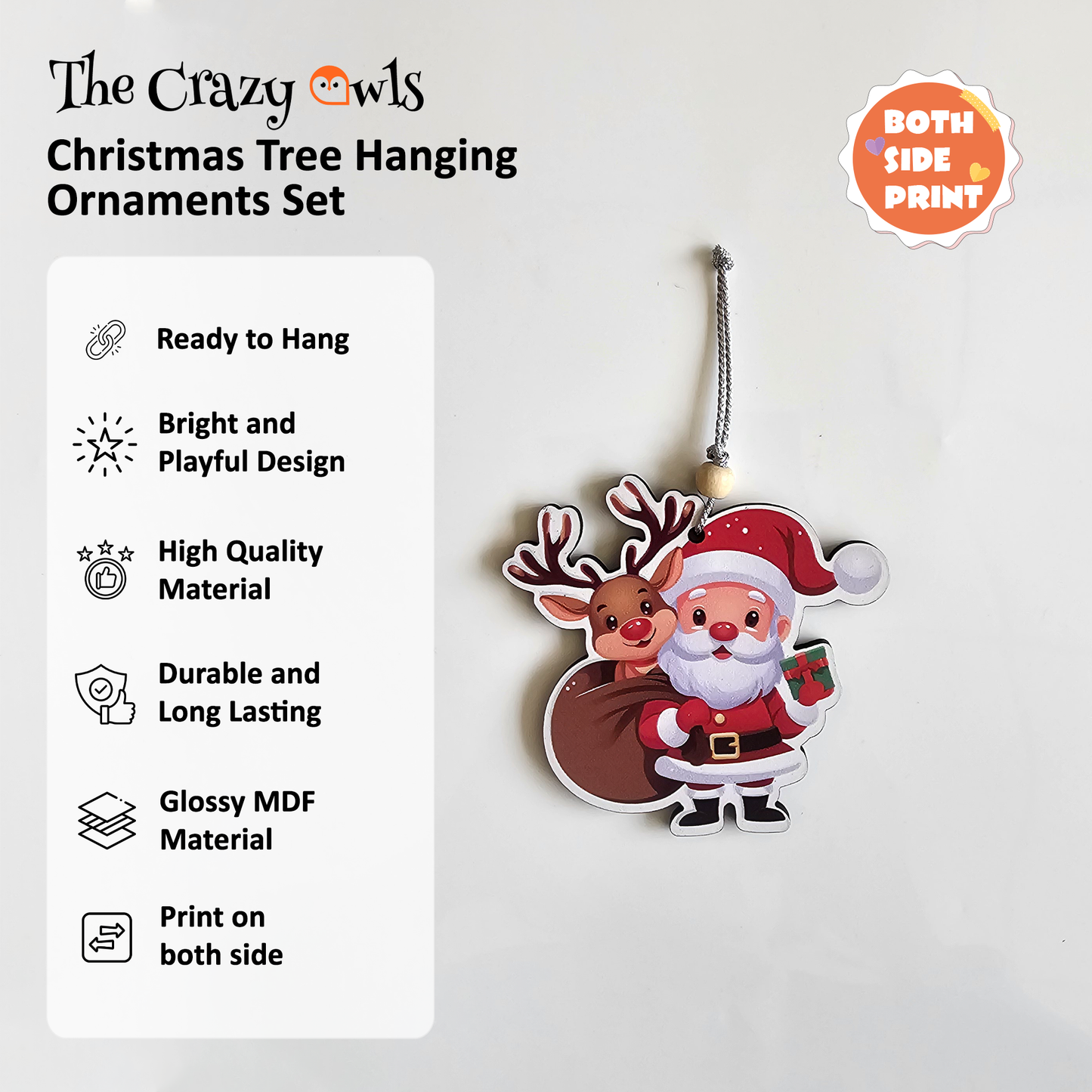 Christmas Hanging MDF Ornaments Cute Cartoon Tree Decorations Santa, Reindeer, Snowman, Gingerbread, Bell, Christmas Tree | Decor for Home, Xmas Tree & Gifting | 3 Inch Set of 7