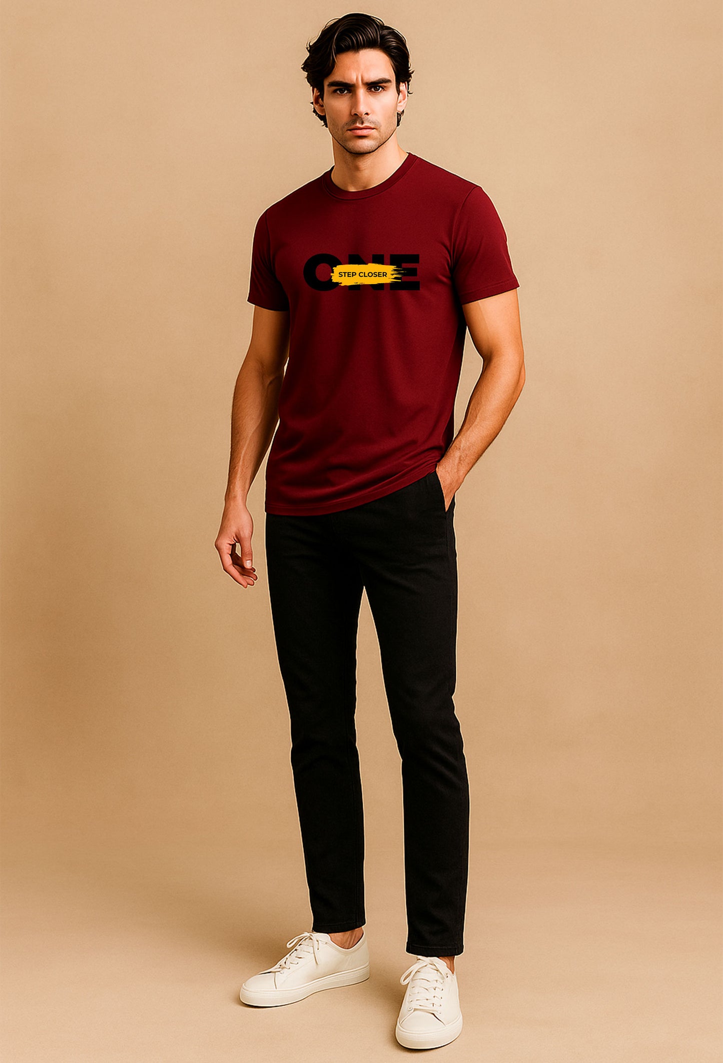 One Step Closer Printed Pure Cotton T-Shirt for Men | Motivational Quote Graphic Tee | Half Sleeve Casual Slim Fit Stylish T-Shirt