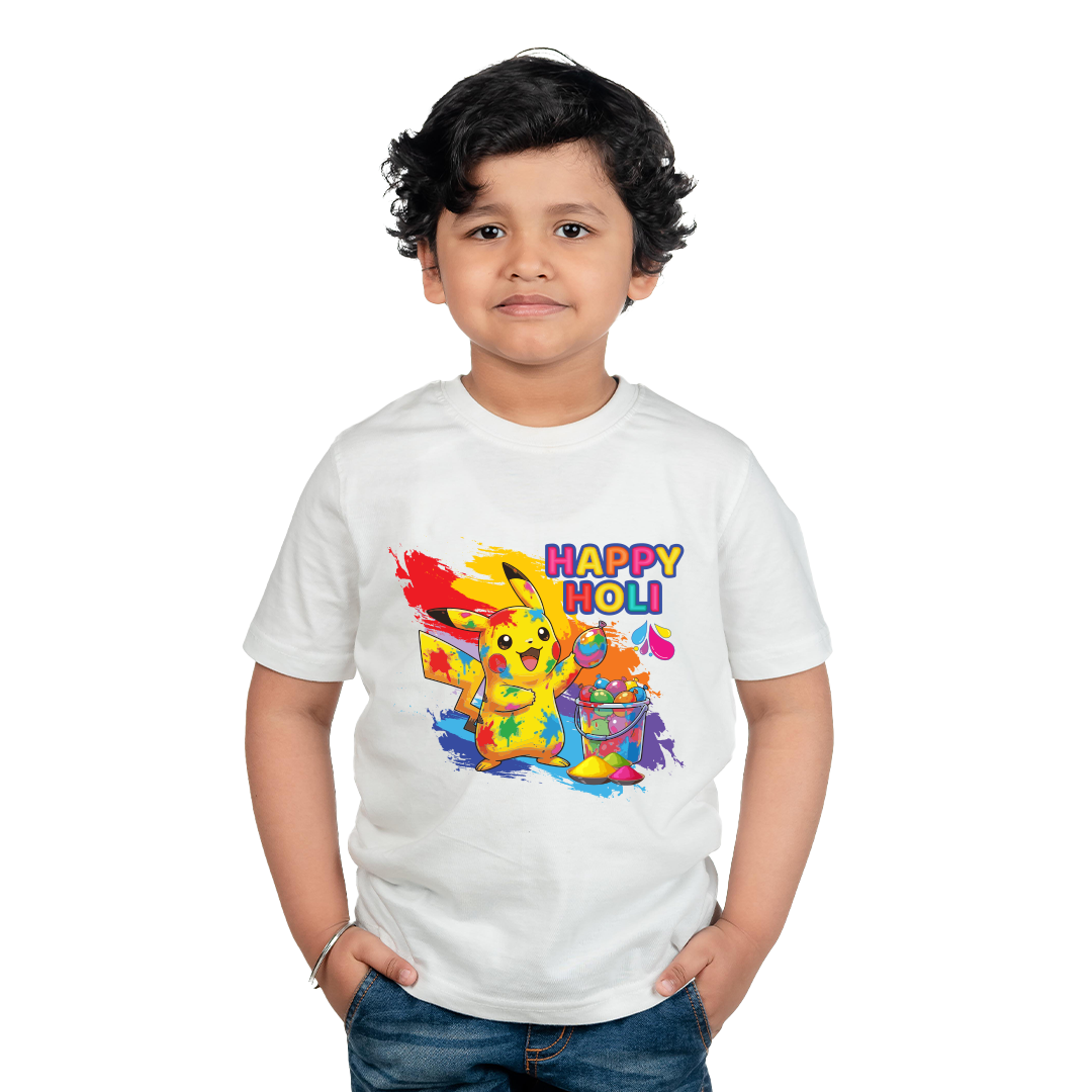 Holi T Shirt for Boys & Girls | Happy Holi Color Cartoon Printed | Festival Wear Polyester T-Shirt