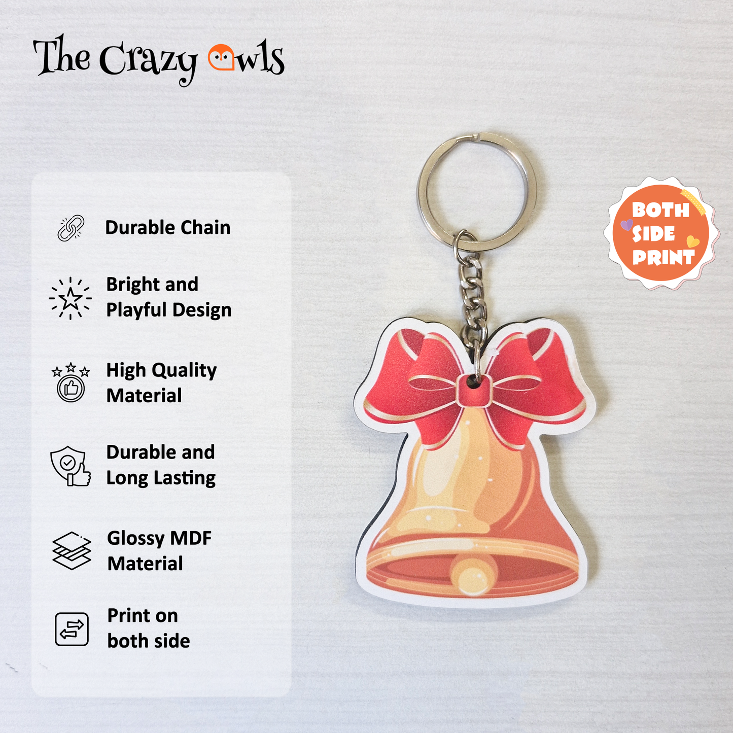 Cute Golden Bell with Red Bow MDF Keychains | Xmas Gifts, Party Favors, Stocking Stuffers, Decoration Accessories for | Set of 10
