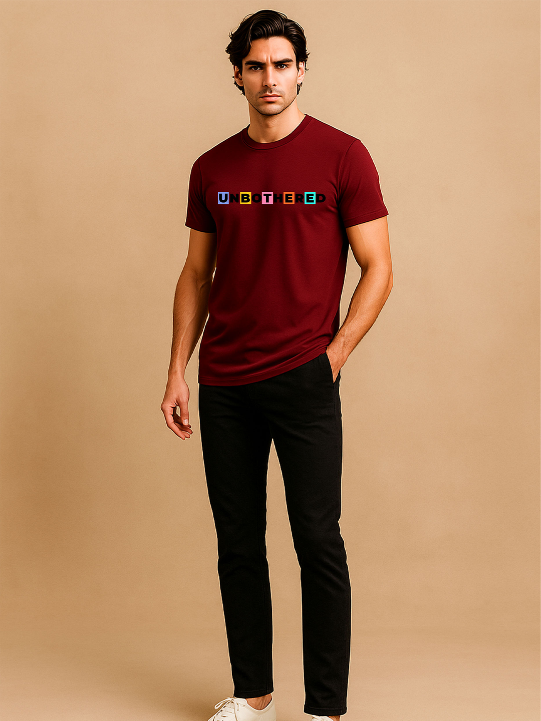 Unbothered Printed Pure Cotton T-Shirt for Men | Colorful Typography Graphic Tee | Trendy Casual Slim Fit Half Sleeve T-Shirt