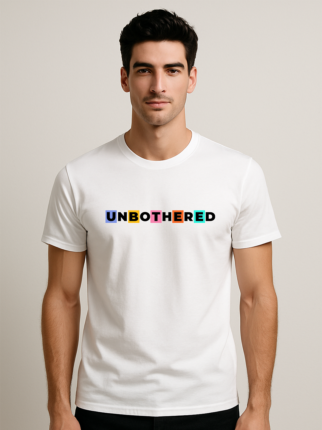 Unbothered Printed Pure Cotton T-Shirt for Men | Colorful Typography Graphic Tee | Trendy Casual Slim Fit Half Sleeve T-Shirt