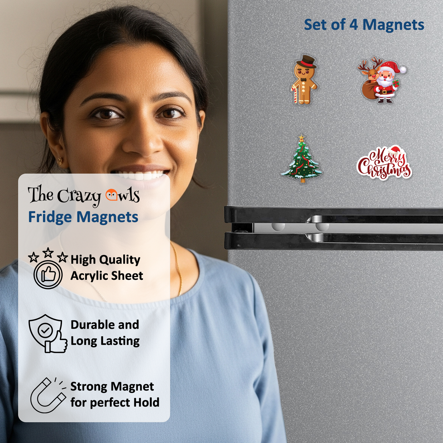 Christmas Acrylic Fridge Magnet Cute Santa Claus, Gingerbread Man, Tree & Merry Christmas | Refrigerator Decor, Magnetic Stickers, Stocking Stuffer Gifts, Kitchen & Office | 4x3 Set of 4