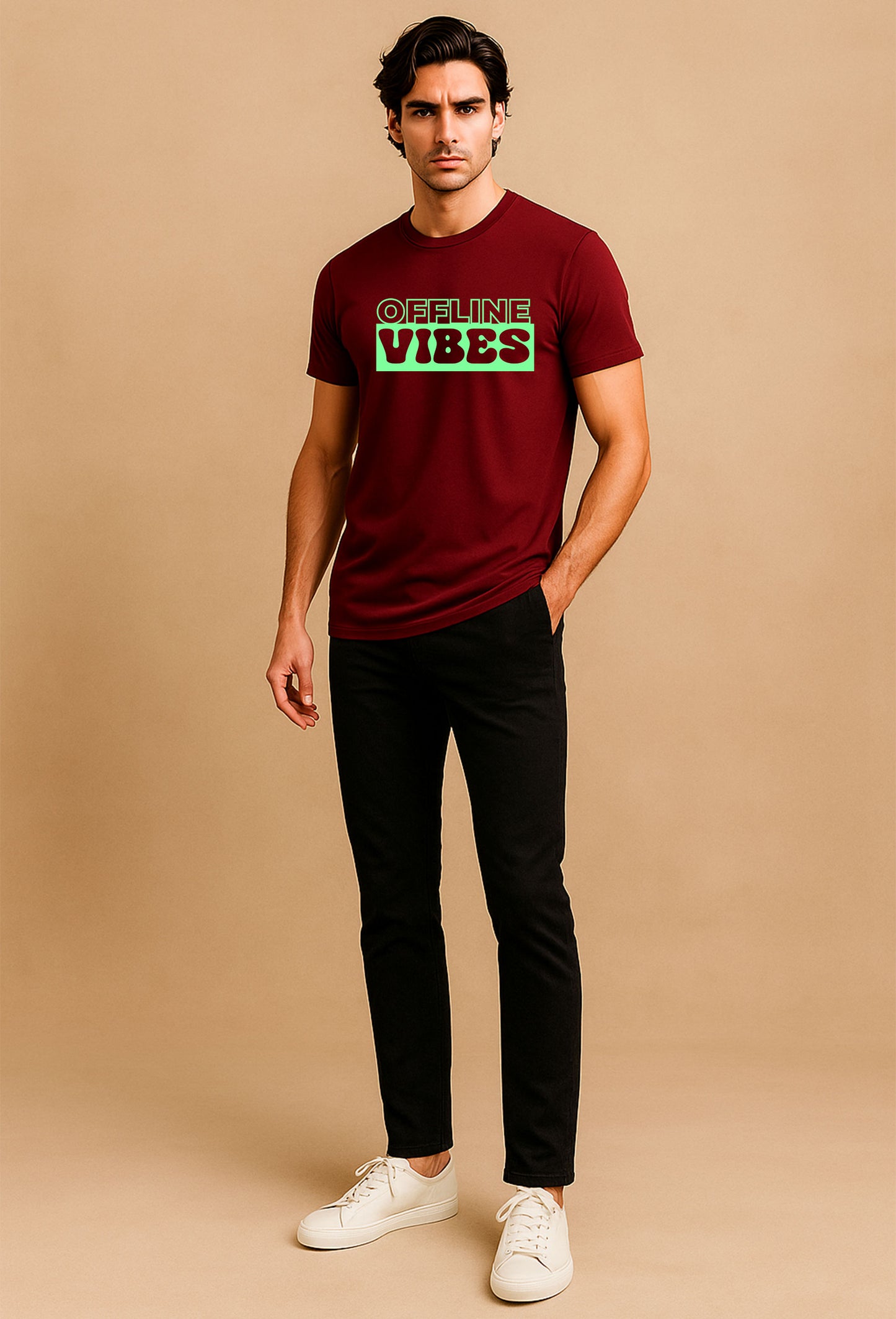Offline Vibes Printed Pure Cotton T-Shirt for Men | Neon Green Typography Graphic Tee | Trendy Streetwear Half Sleeve T-Shirt