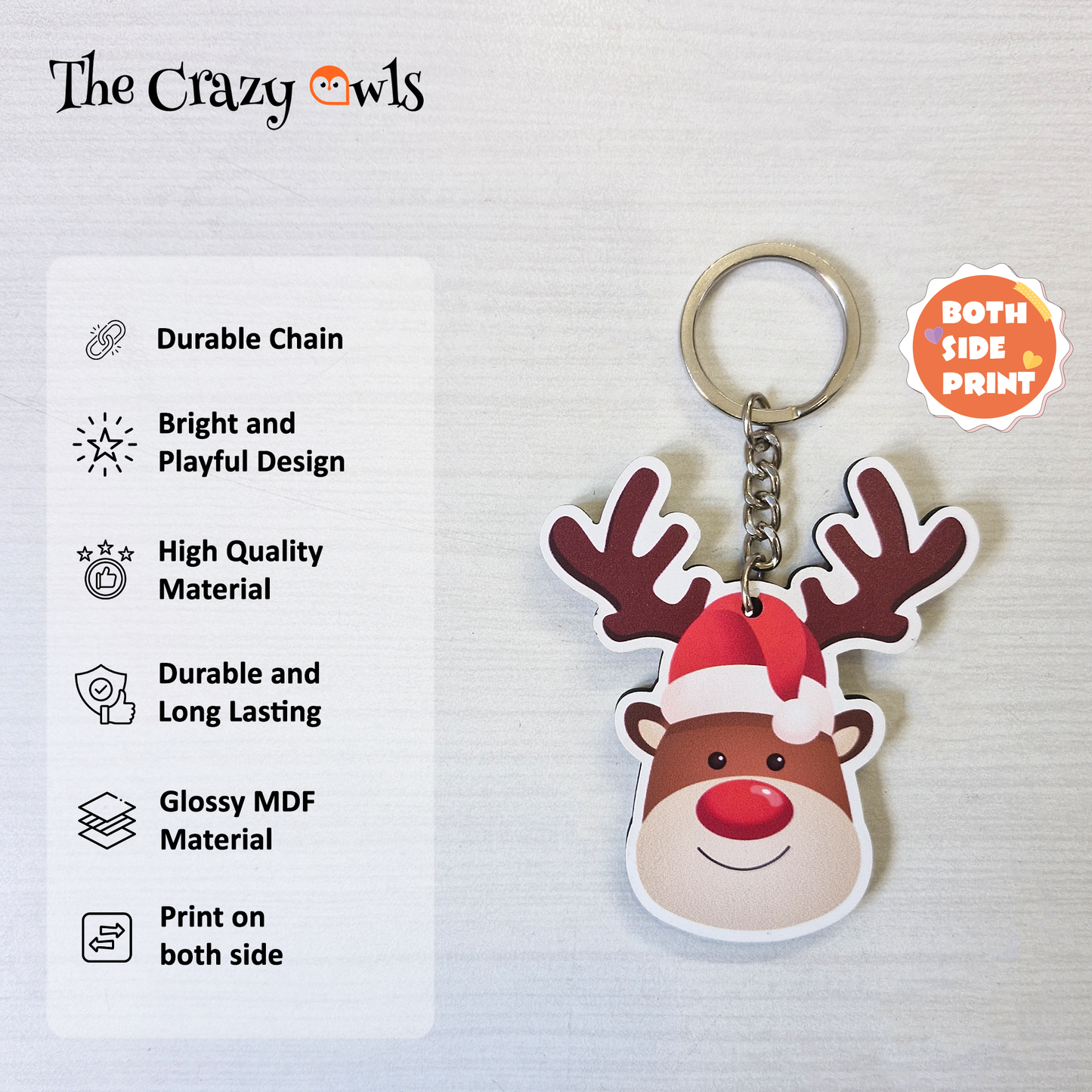 Cute Santa Reindeer MDF Christmas Keychains for Gift, Party Favors, Xmas Decoration, Backpack & Key Ring | Set of 10
